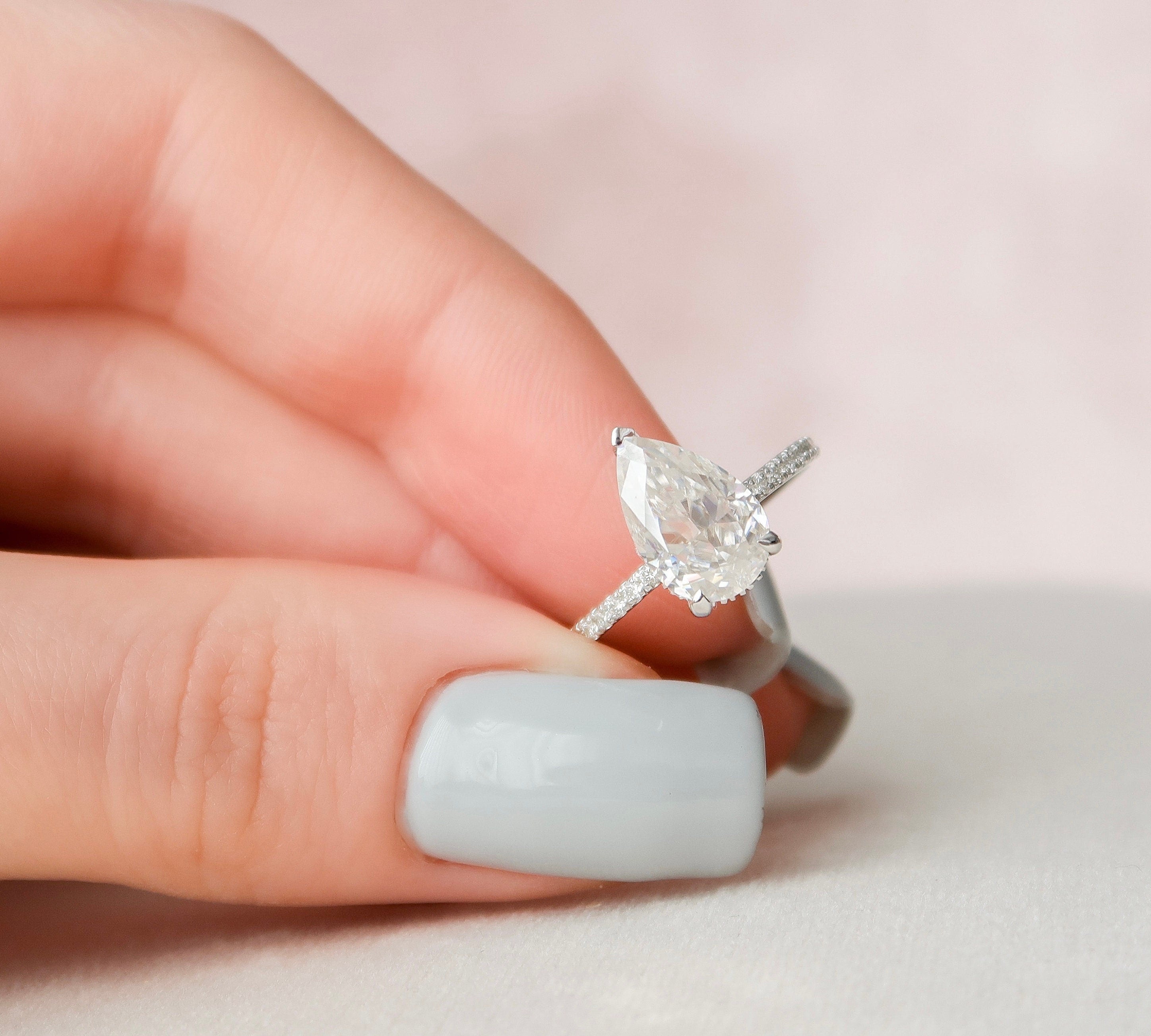 2.0 CT Pear Cut Pave & Hidden Halo Style Moissanite Engagement Ring 1