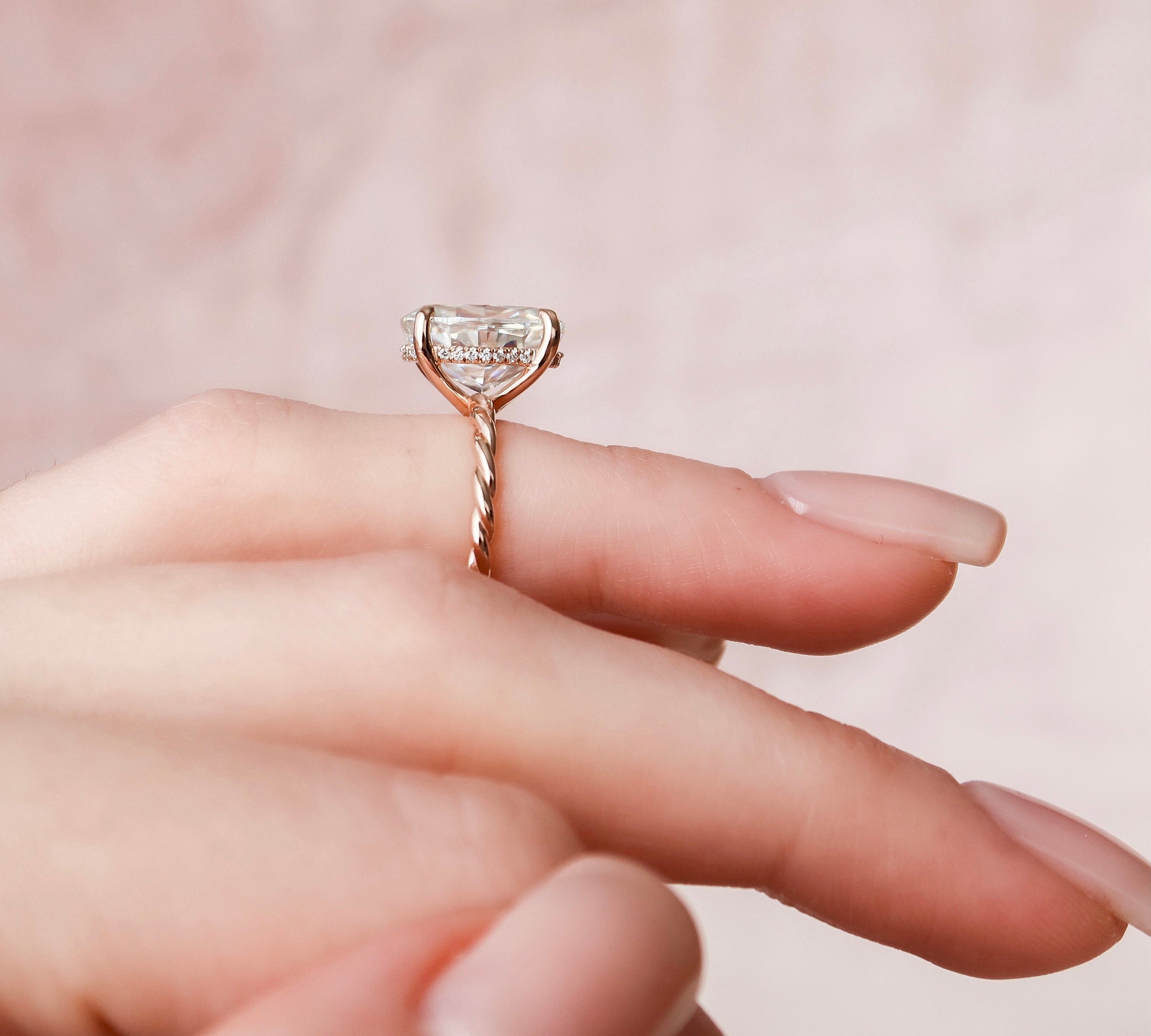 3.5 CT Oval Twisted Band and Hidden Halo Moissanite Engagement Ring 2