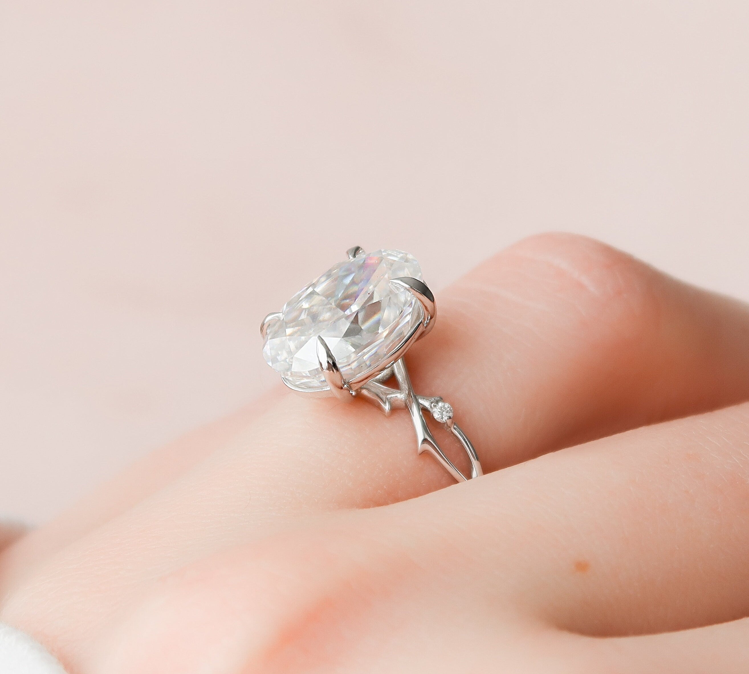 5.0 CT Oval Solitaire & Twig Pave Style Moissanite Engagement Ring 3