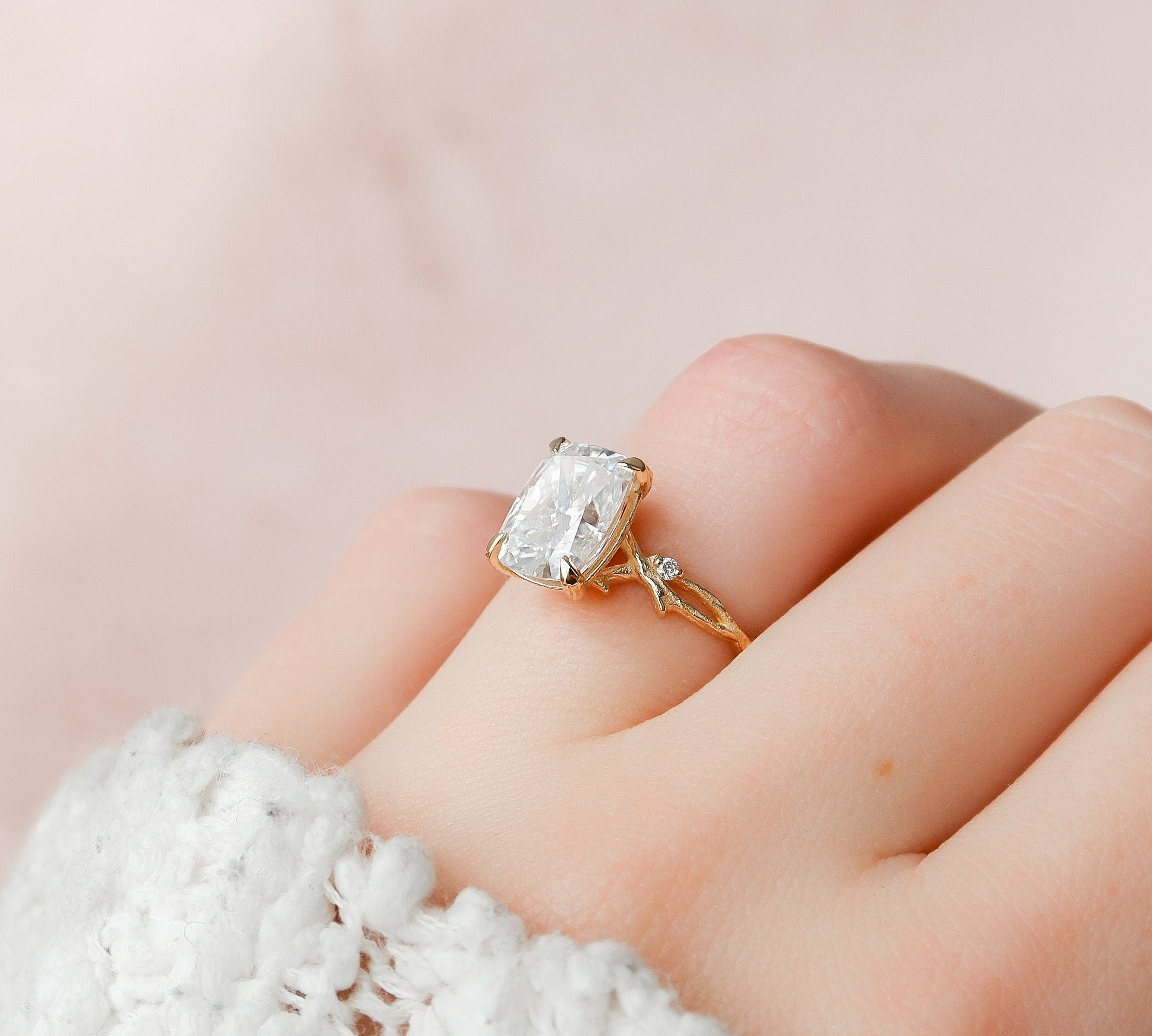 4.0 CT Cushion Cut Twig Pave Moissanite Engagement Ring 2