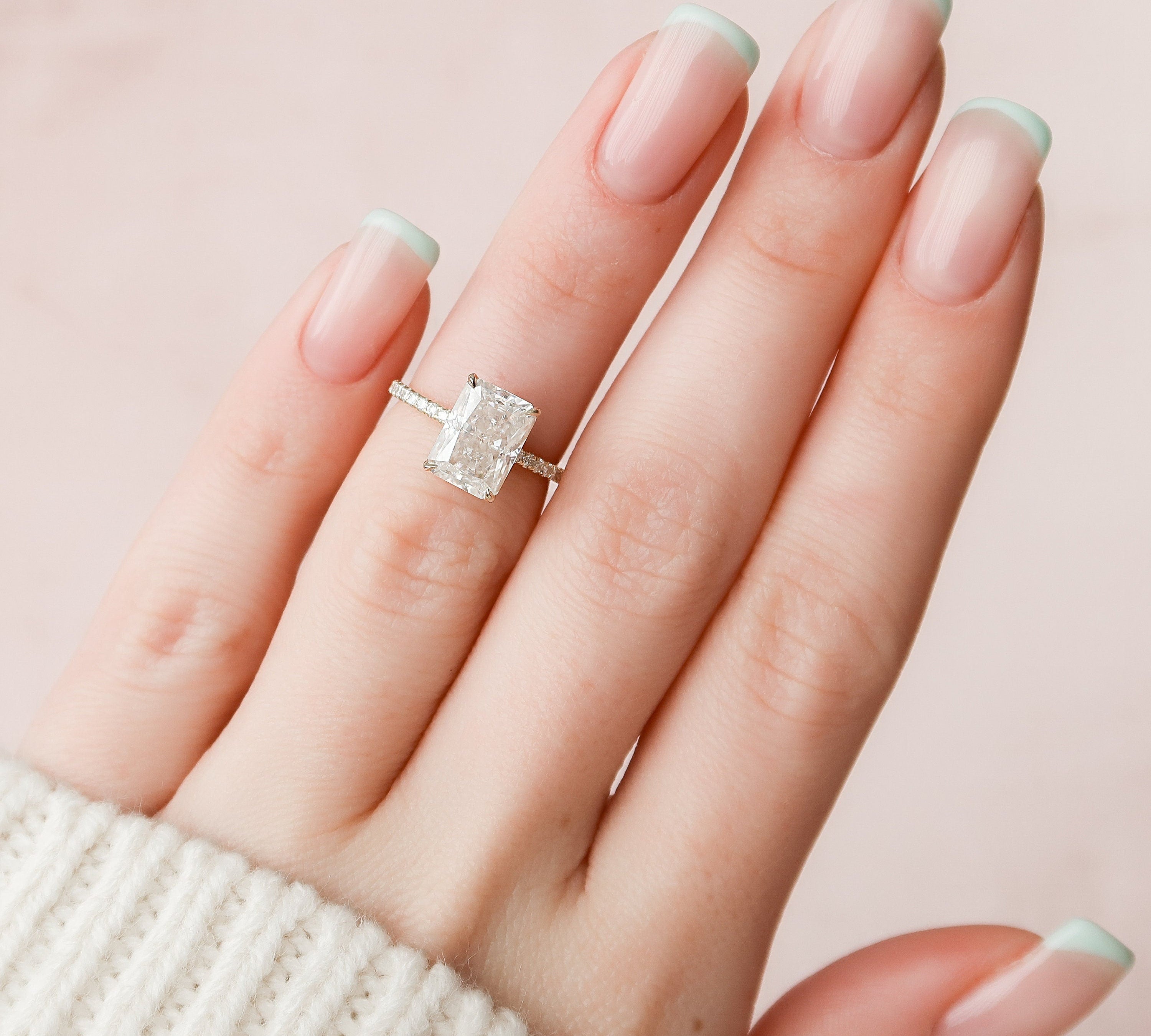 3.5 CT Radiant Hidden Halo Pave Moissanite Engagement Ring 1