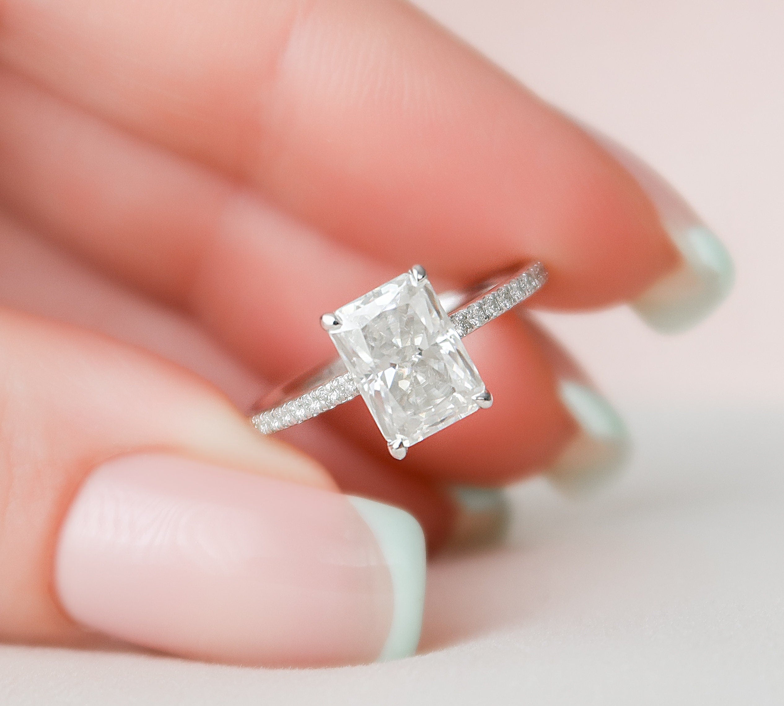 2.0 CT Radiant Hidden Halo & Pave Style Moissanite Engagement Ring 1