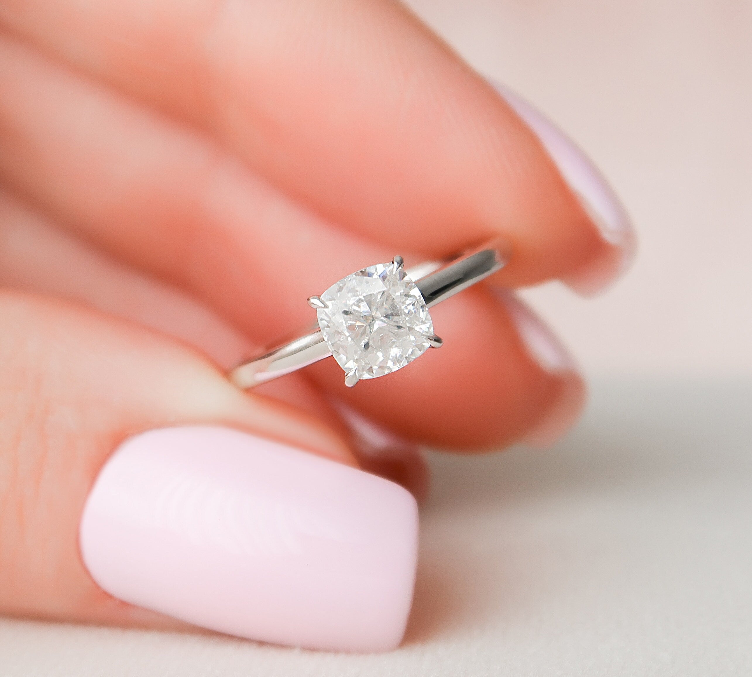 1.0 CT Cushion Hidden Halo Style Moissanite Engagement Ring 1