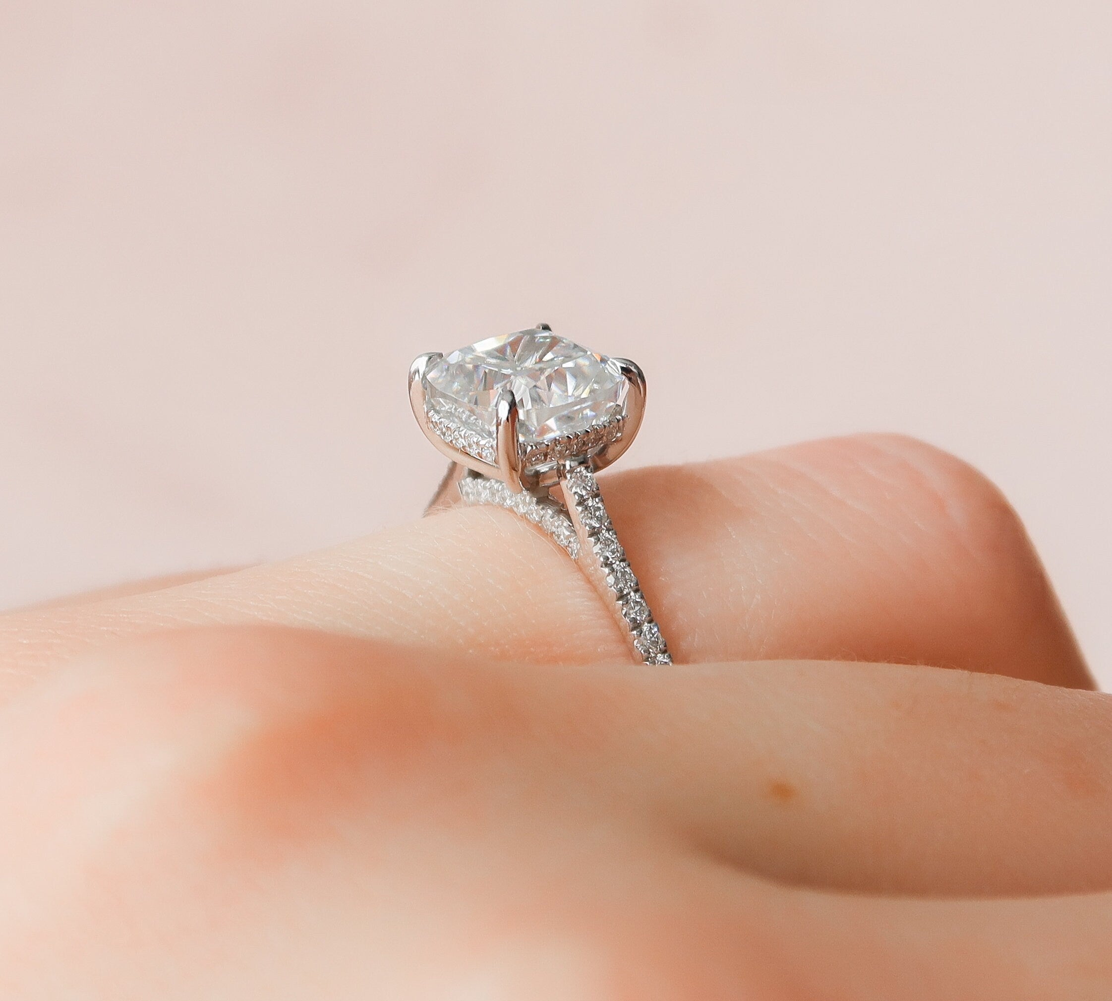 3.0 CT Cushion Hidden Halo & Pave Setting Moissanite Engagement Ring 2