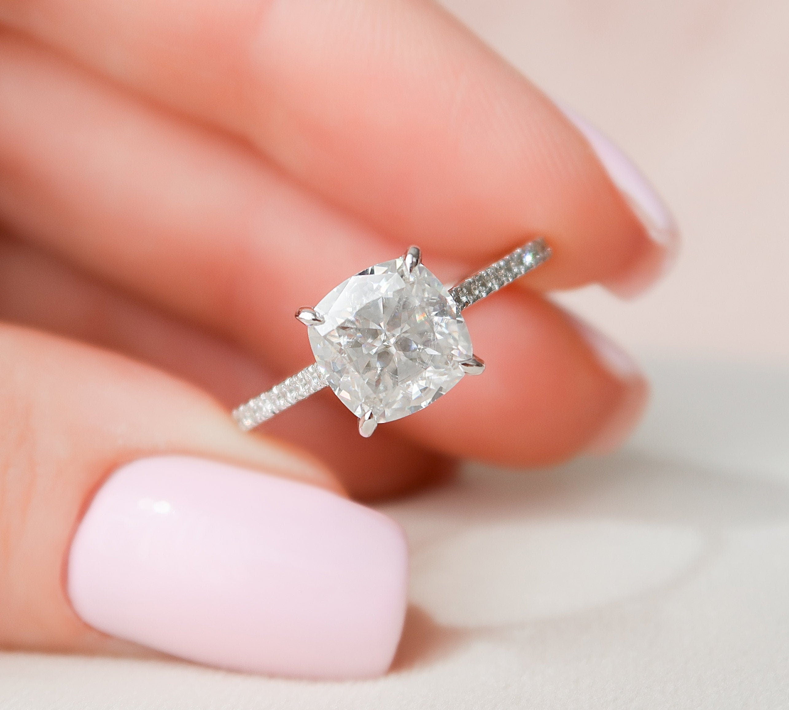 3.0 CT Cushion Hidden Halo & Pave Setting Moissanite Engagement Ring 1