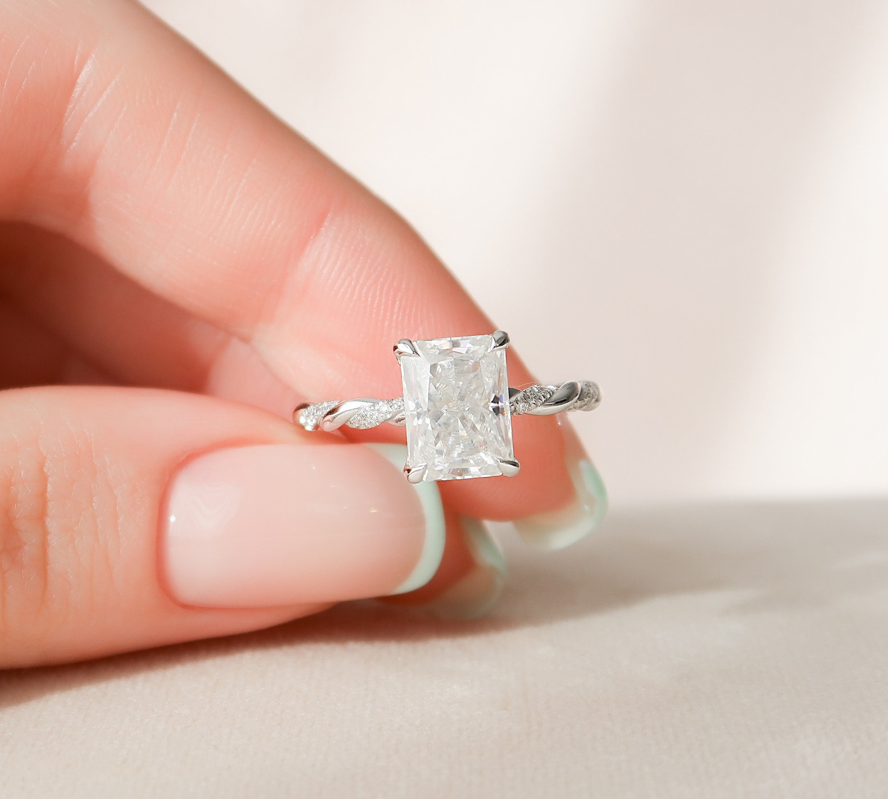 3.5 CT Radiant Twisted Rope Pave Setting Moissanite Engagement Ring 1