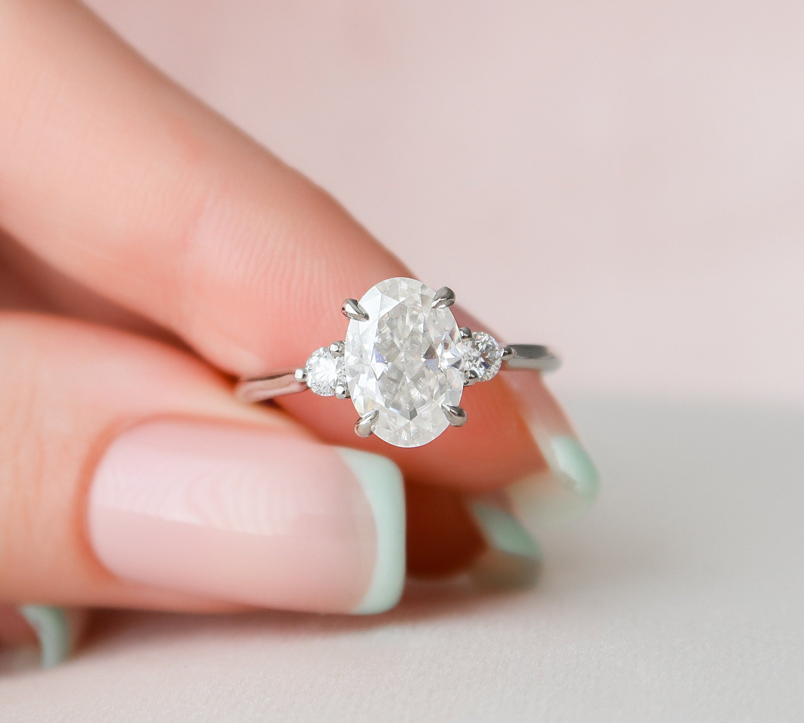 2.0 CT Oval Three Stone & Hidden Halo Moissanite Engagement Ring 3