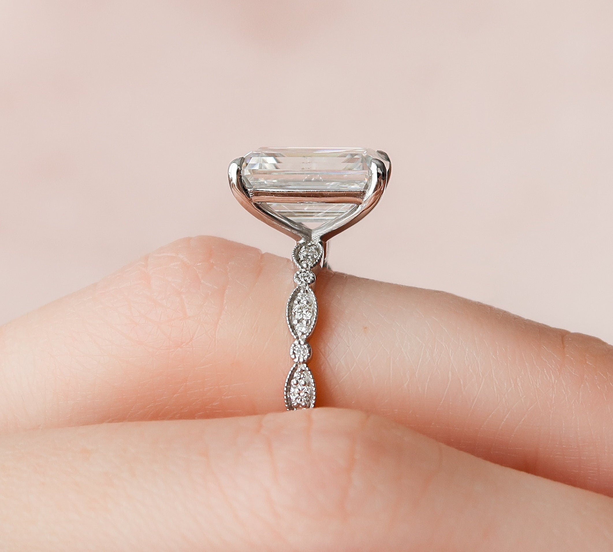 5.0 CT Emerald Milgrain Vintage Style Moissanite Engagement Ring 2