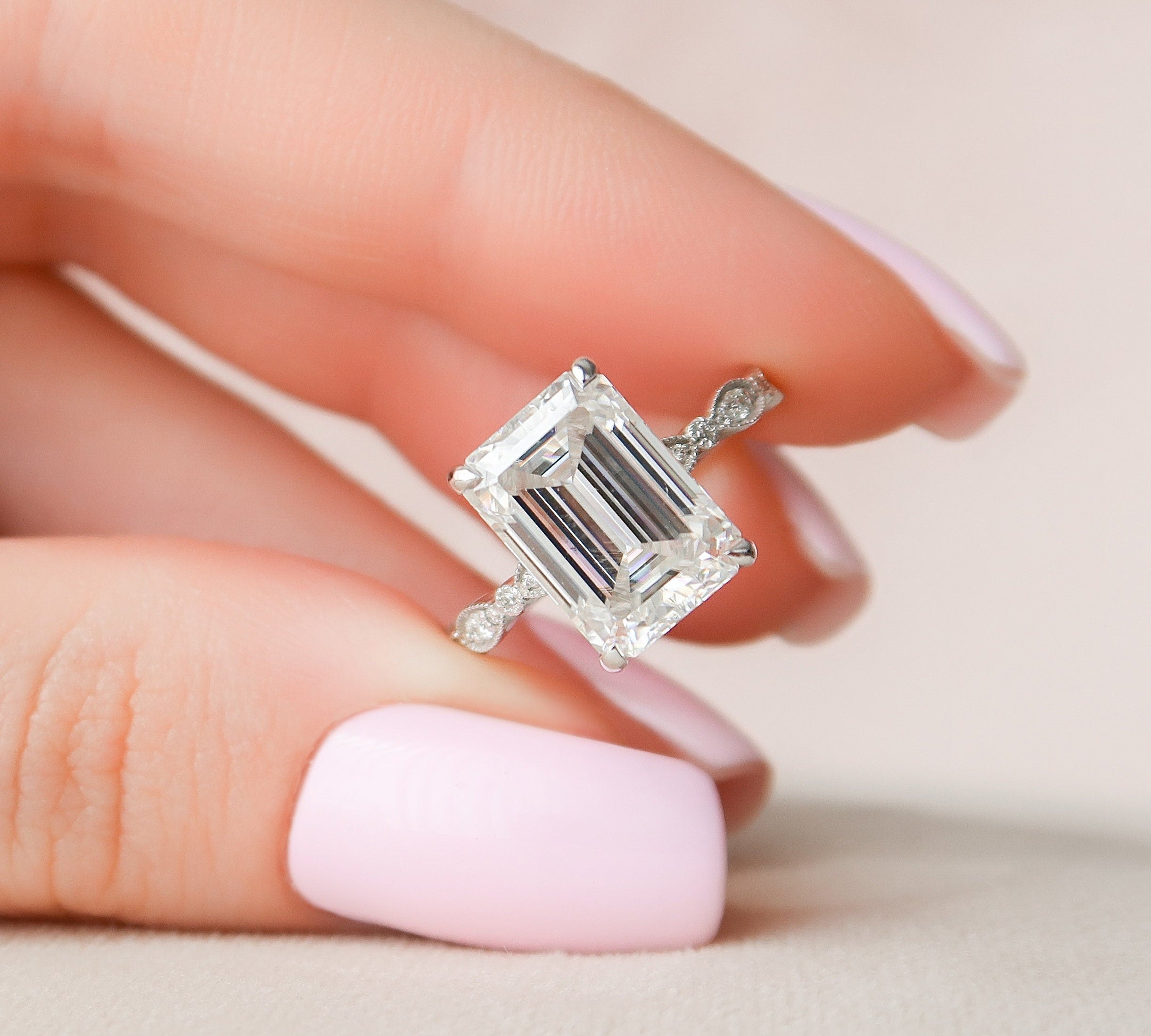 5.0 CT Emerald Milgrain Vintage Style Moissanite Engagement Ring 1