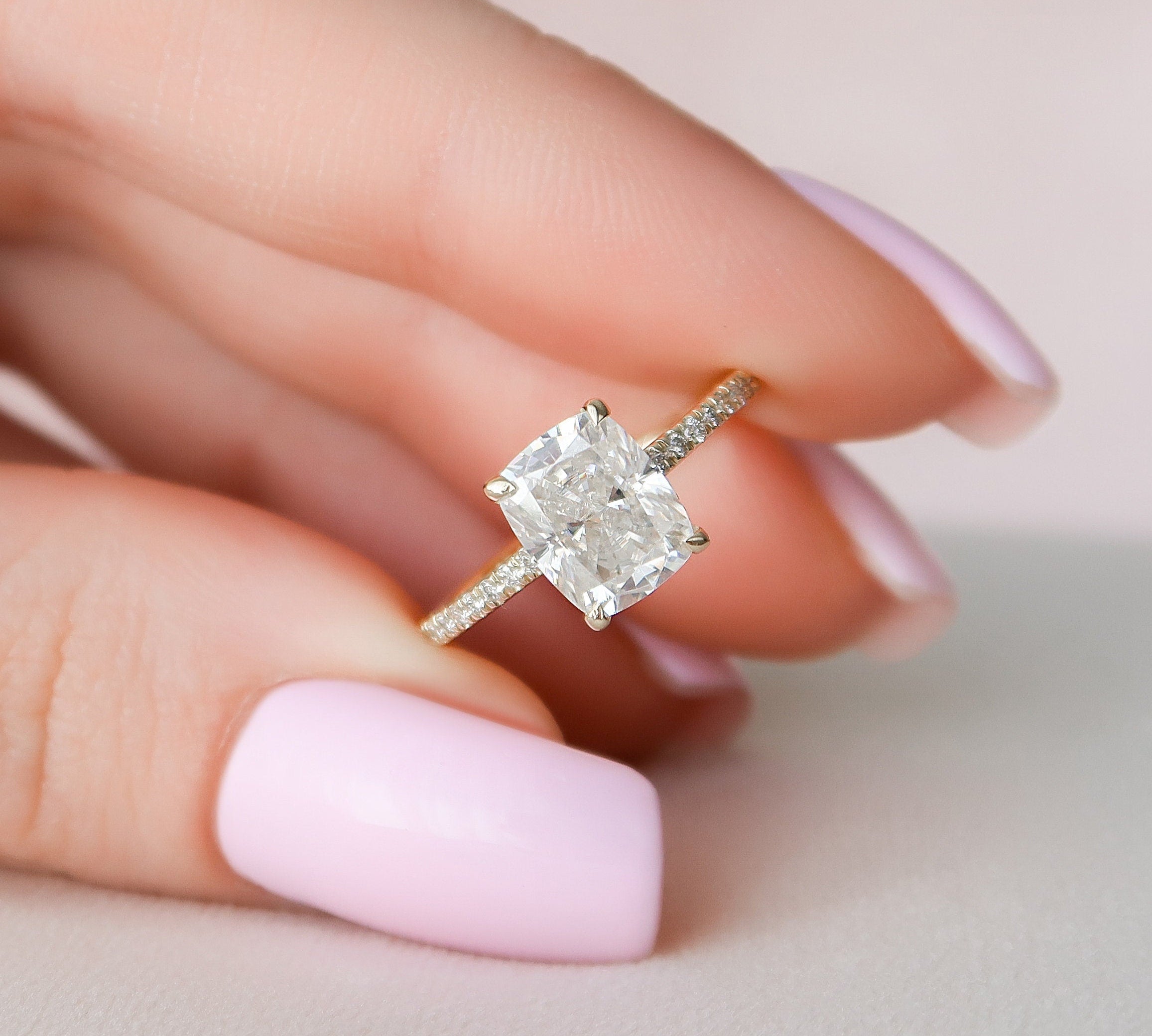 2.0 CT Cushion Hidden Halo & Pave Moissanite Engagement Ring 1