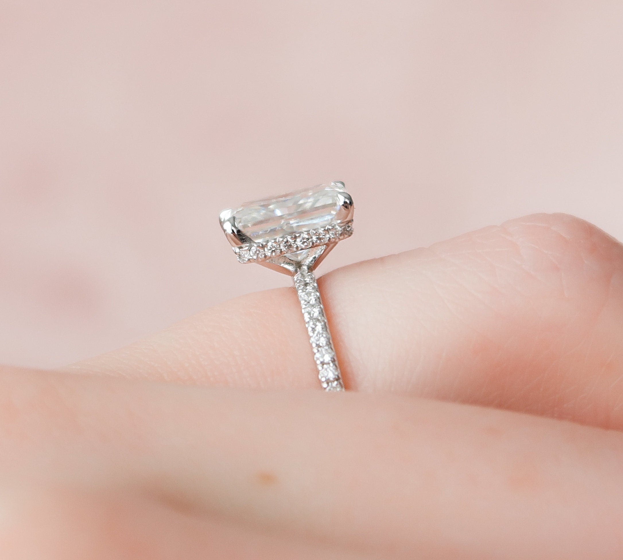 2.0 CT Radiant Hidden Halo & Pave Style Moissanite Engagement Ring 3