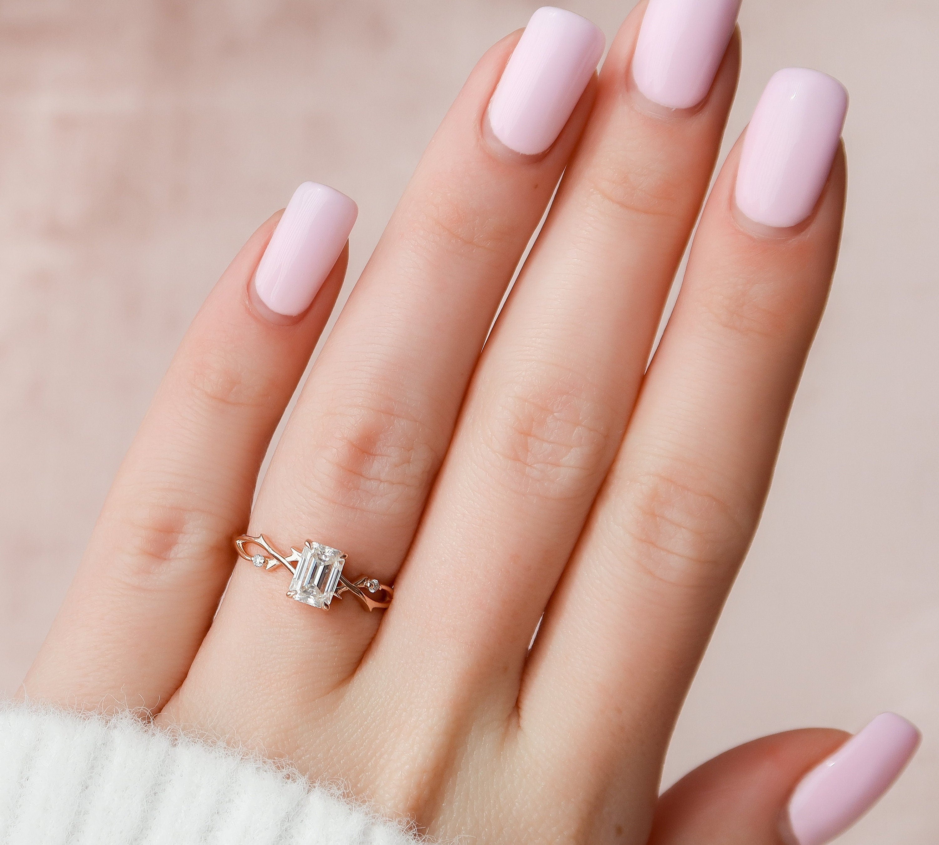 1 CT Emerald Cut Solitaire Twig Setting Moissanite Engagement Ring 2