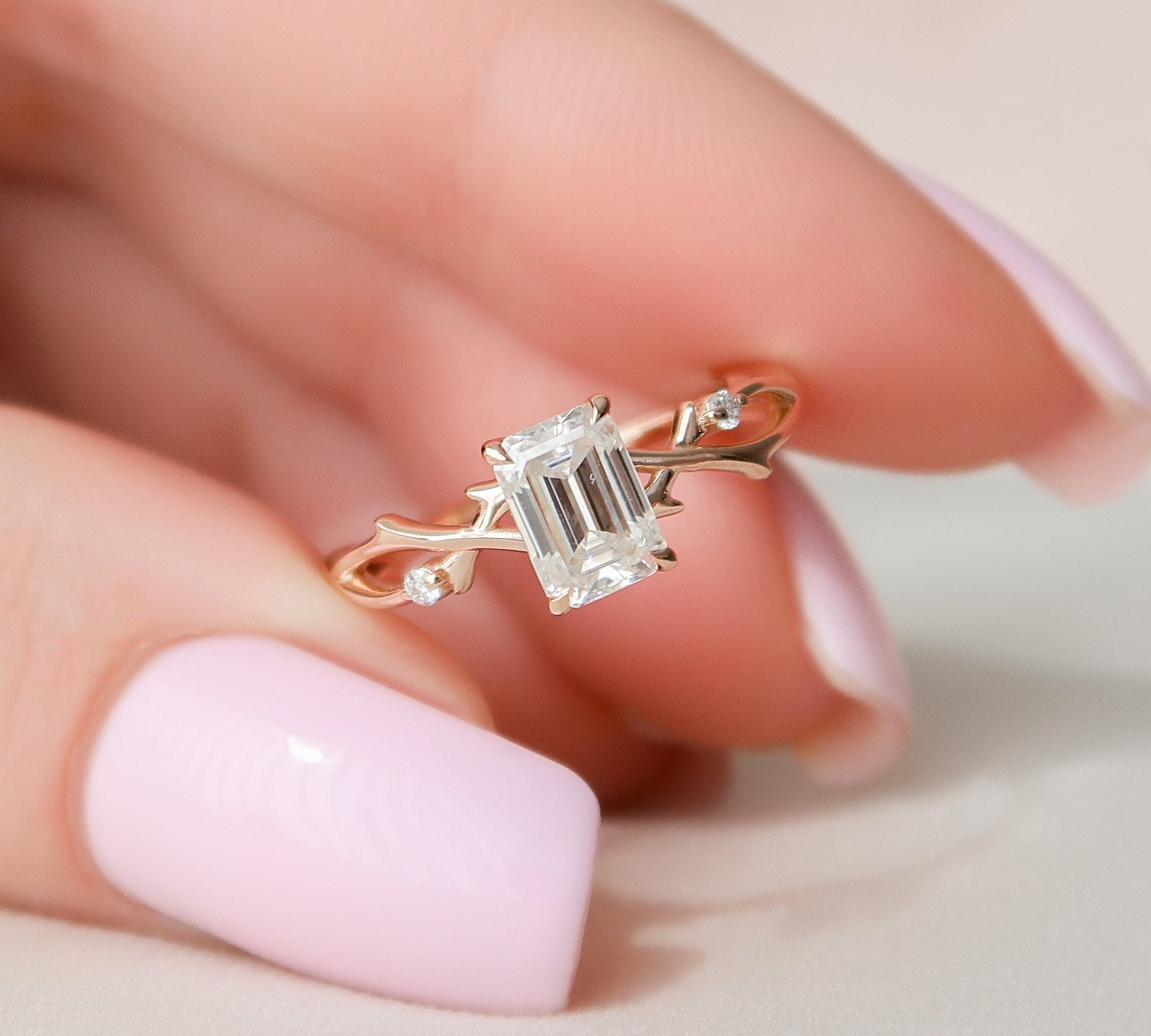 1 CT Emerald Cut Solitaire Twig Setting Moissanite Engagement Ring 1