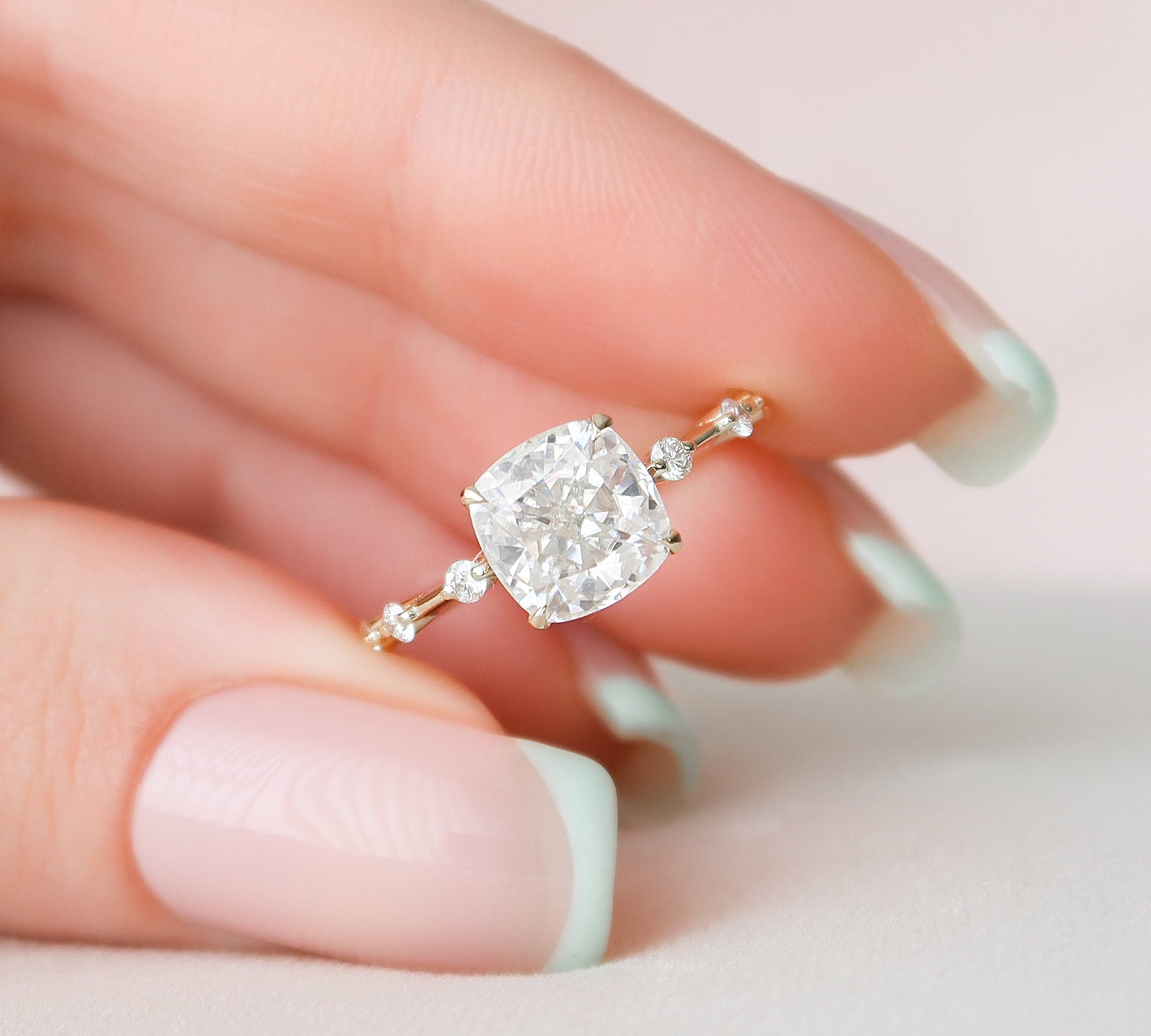 2.0 CT Cushion Dainty Pave  Moissanite Engagement Ring 1