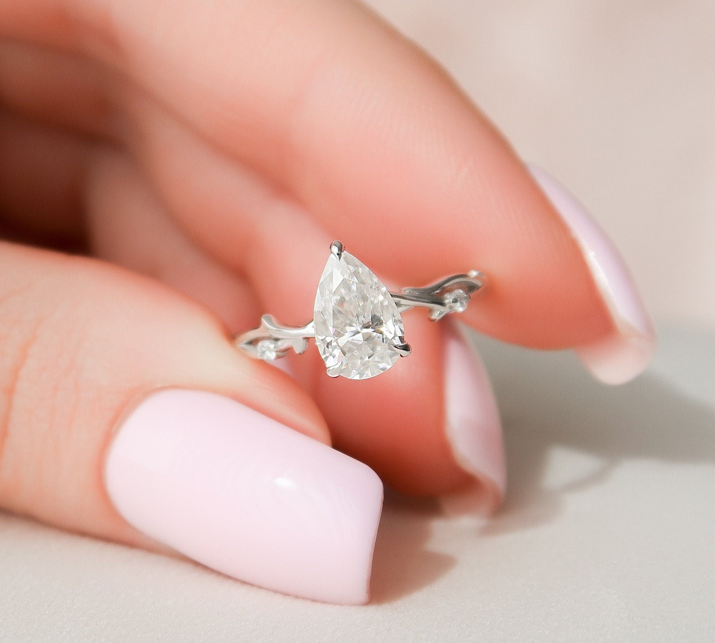 1.0 CT Pear Cut Twig Pave Setting Moissanite Engagement Ring 1