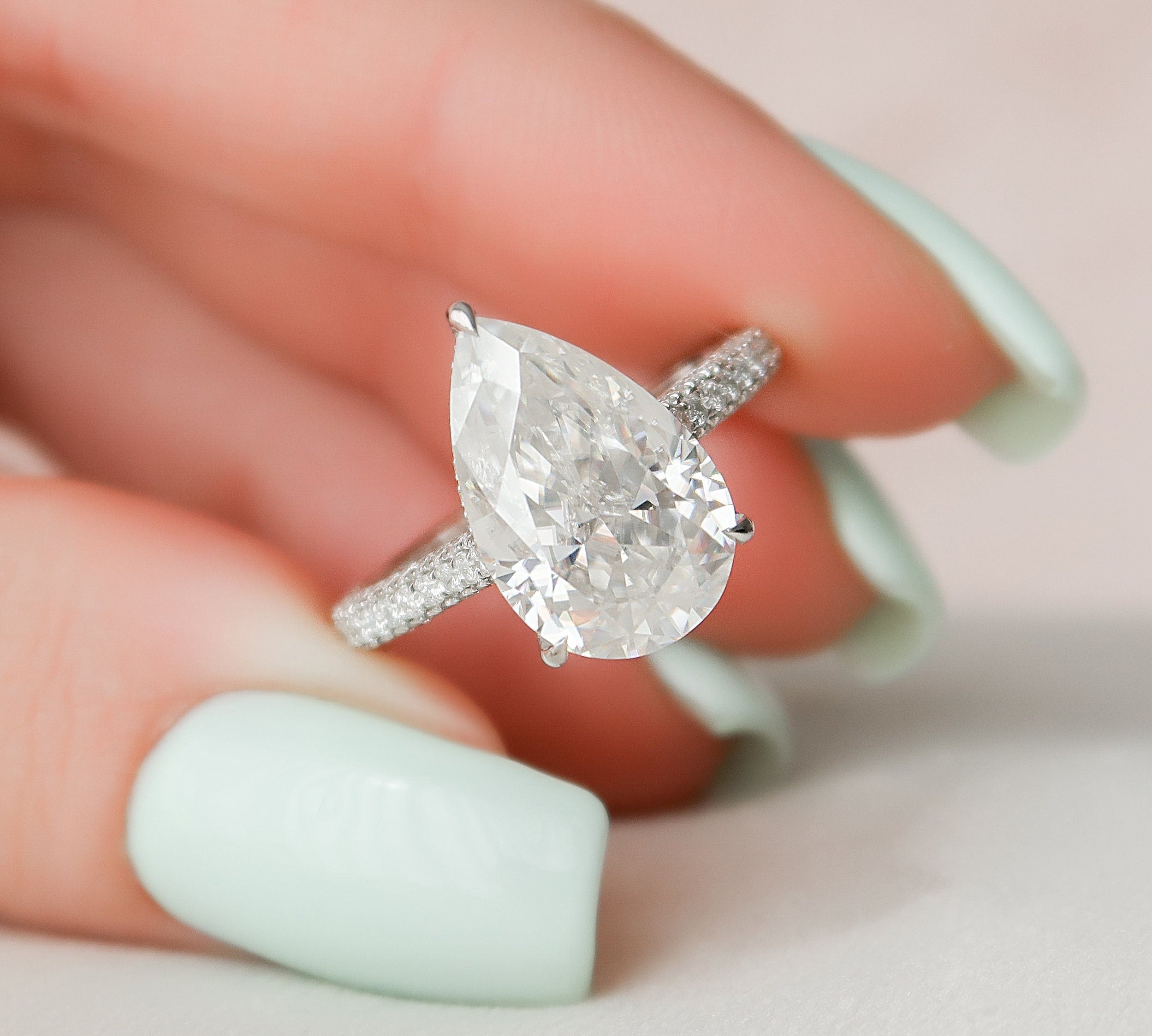 5.0 CT Pear Pave Setting Moissanite Engagement Ring 1