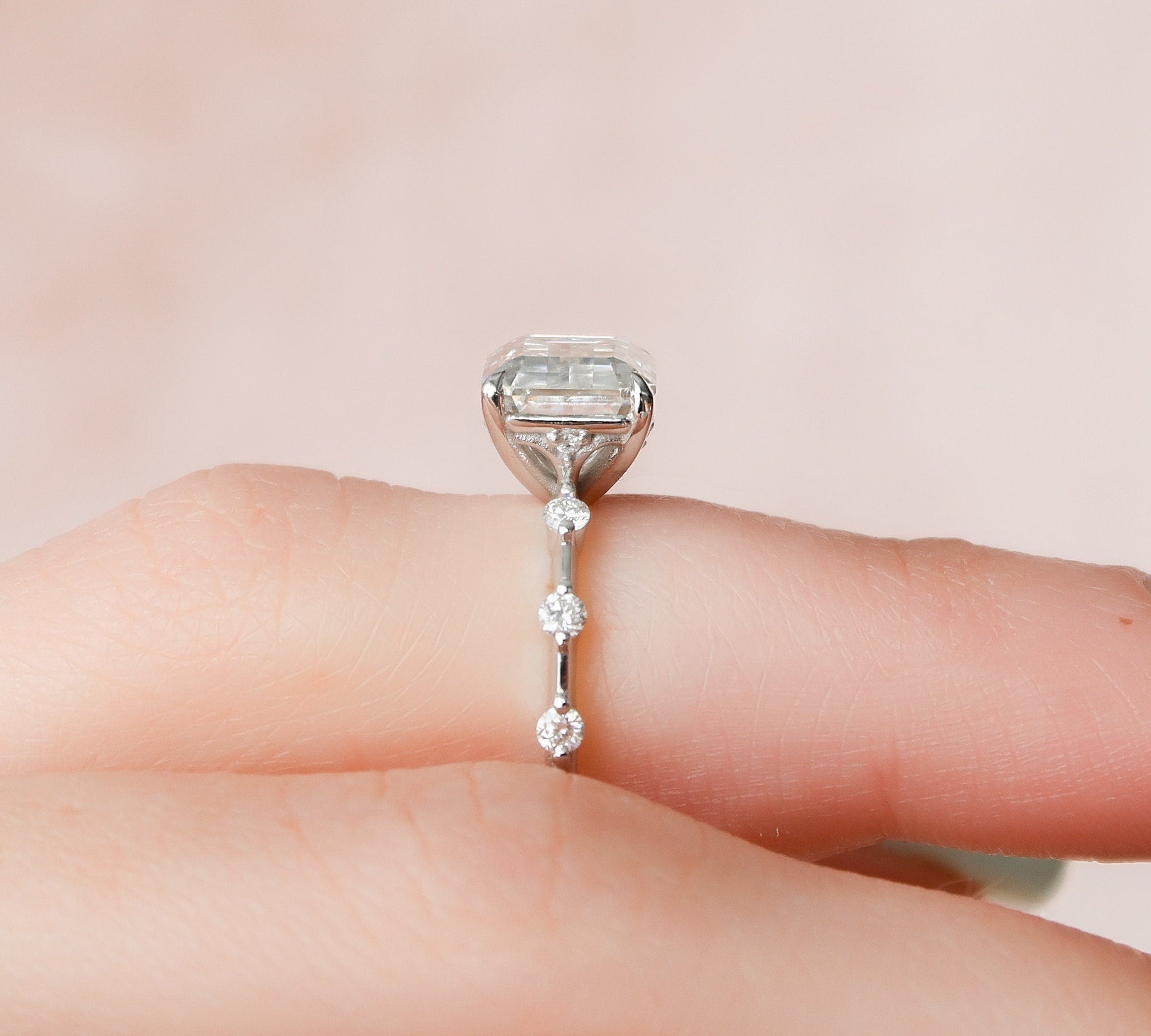 3.0 CT Emerald Cut Solitaire & Dainty Pave Moissanite Engagement Ring 3