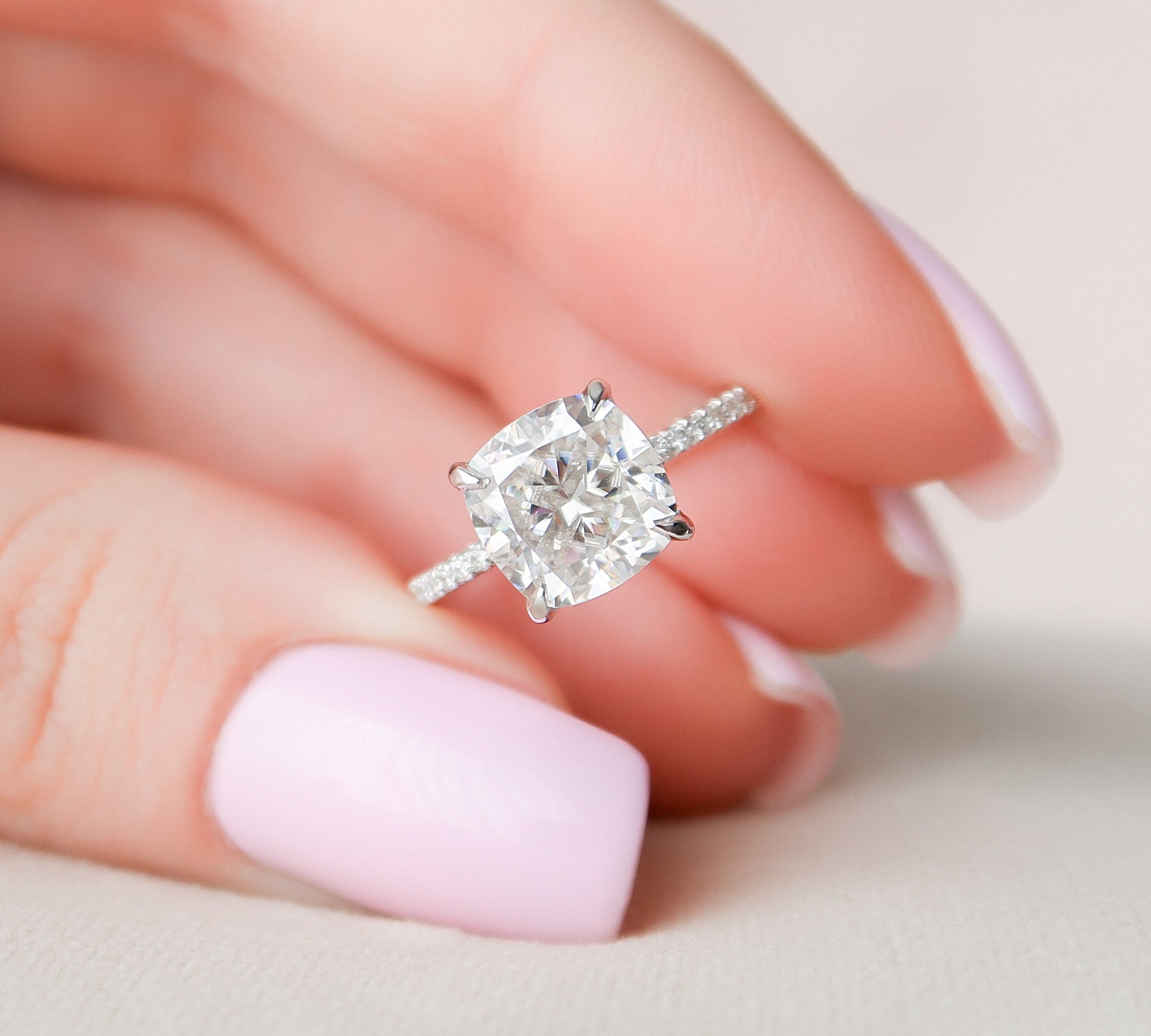 2.5 CT Cushion Hidden Halo & Pave Setting Moissanite Engagement Ring 3