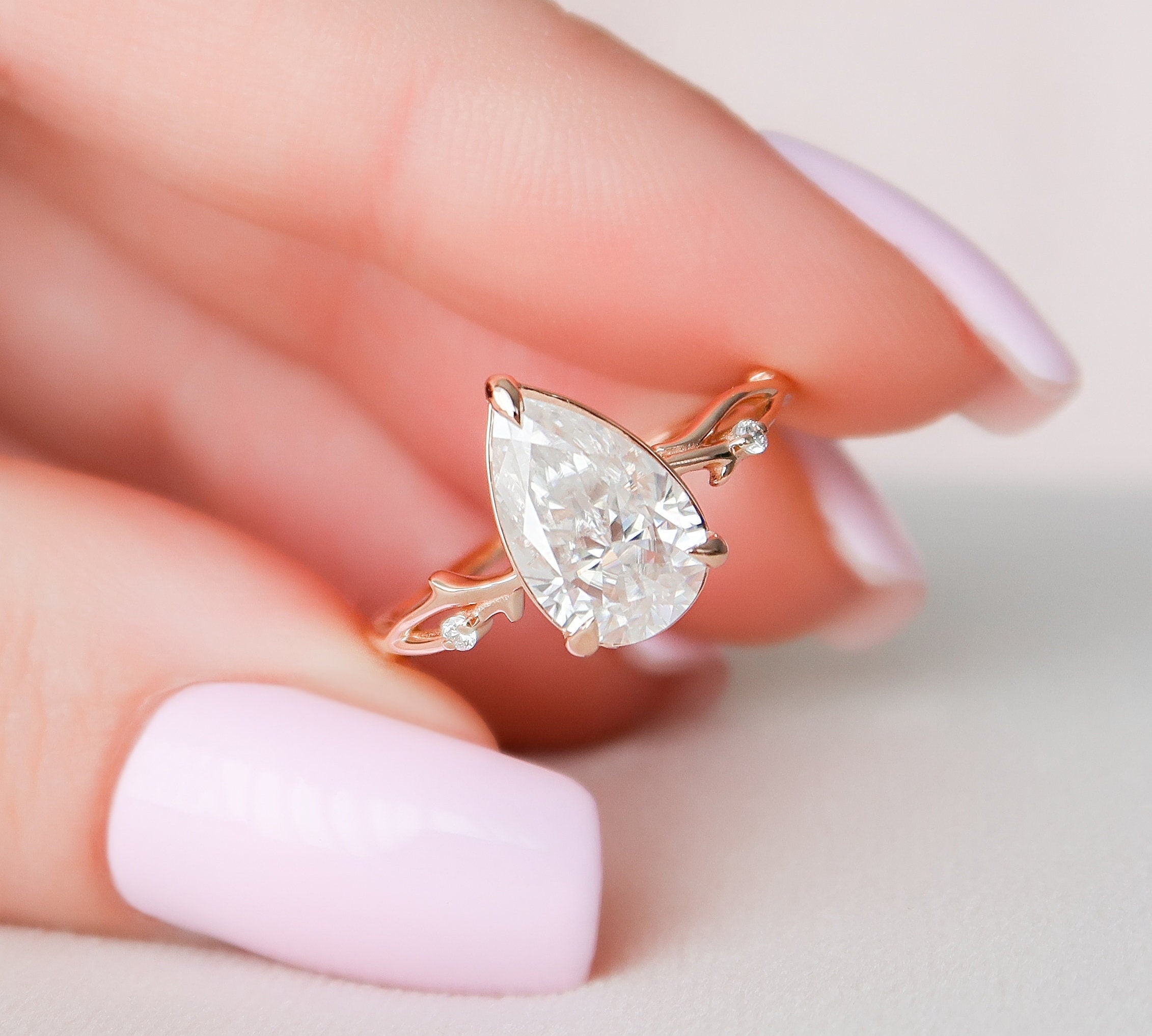 2.0 CT Pear Cut Twig Pave Style Moissanite Engagement Ring 1