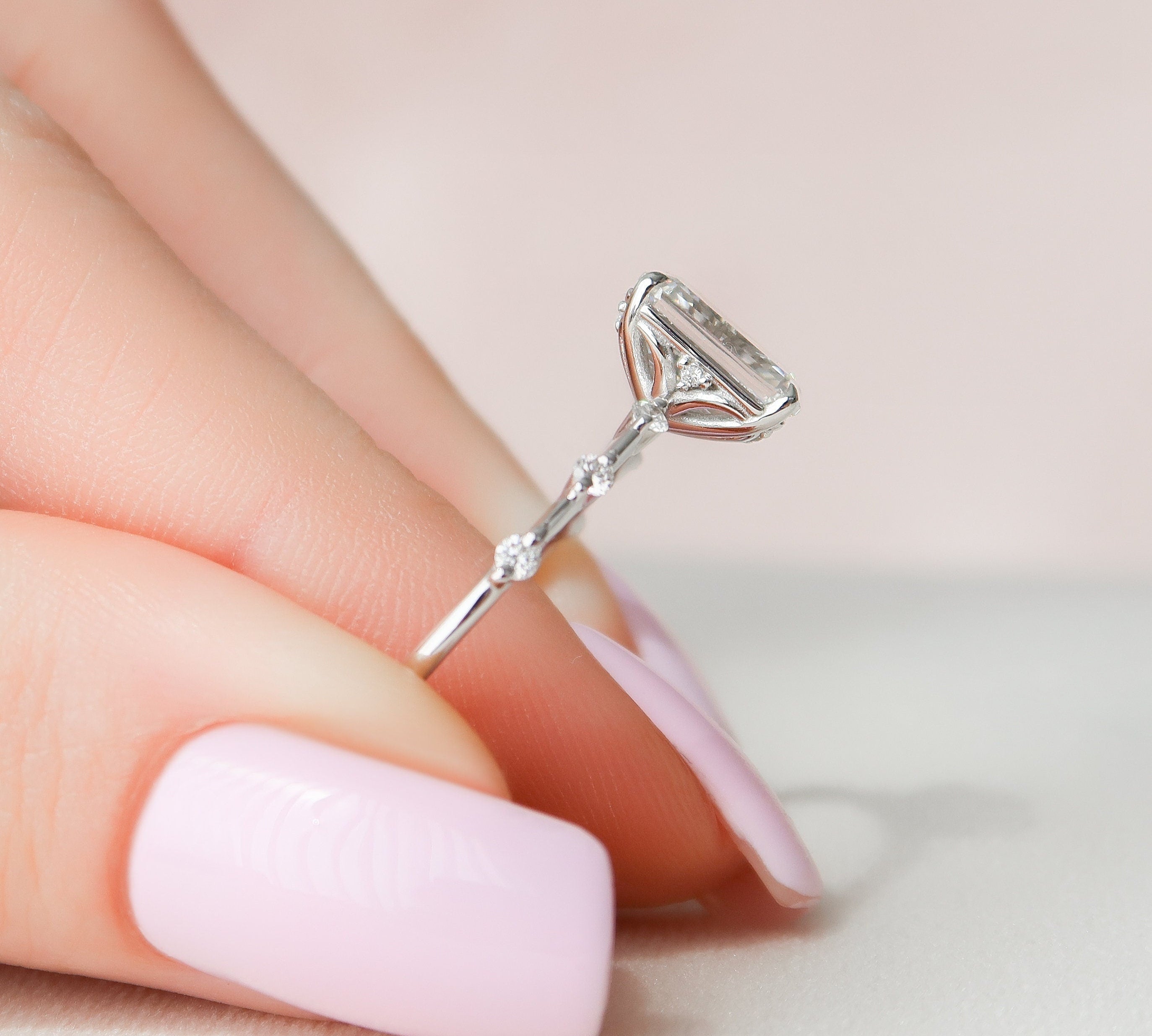 2.5 Ct Emerald Dainty Pave Moissanite Engagement Ring 2