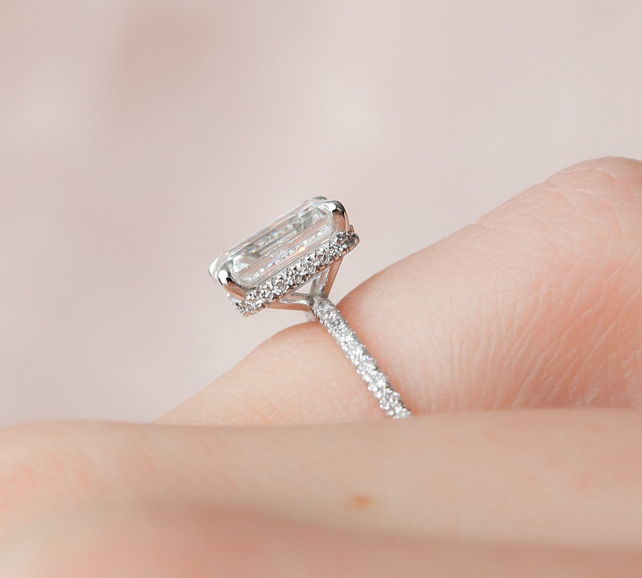 3.0 CT Emerald Cut Hidden Halo & Pave Moissanite Engagement Ring 2