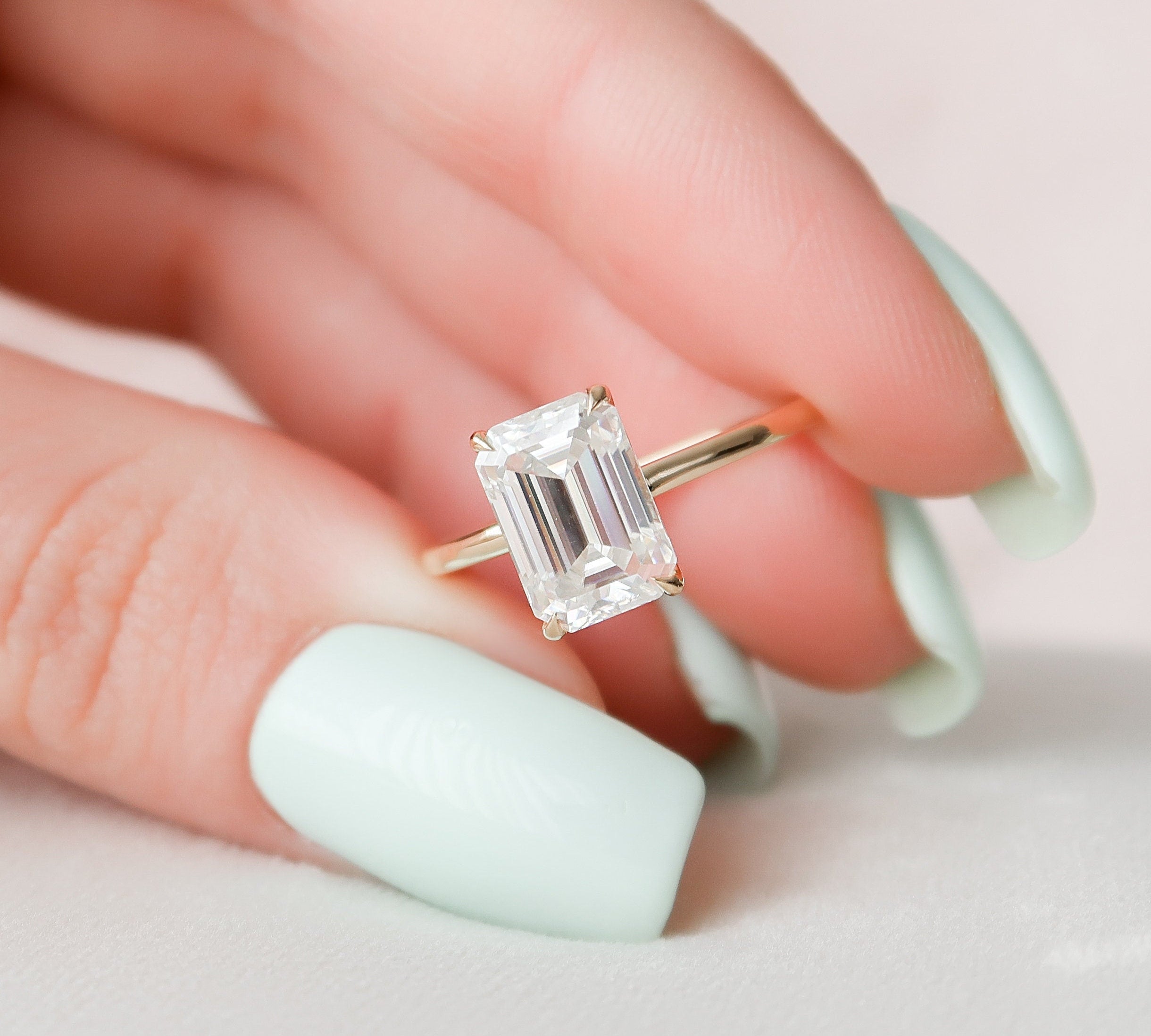 3.0 CT Emerald Cut Solitaire & Hidden Halo Moissanite Engagement Ring 1