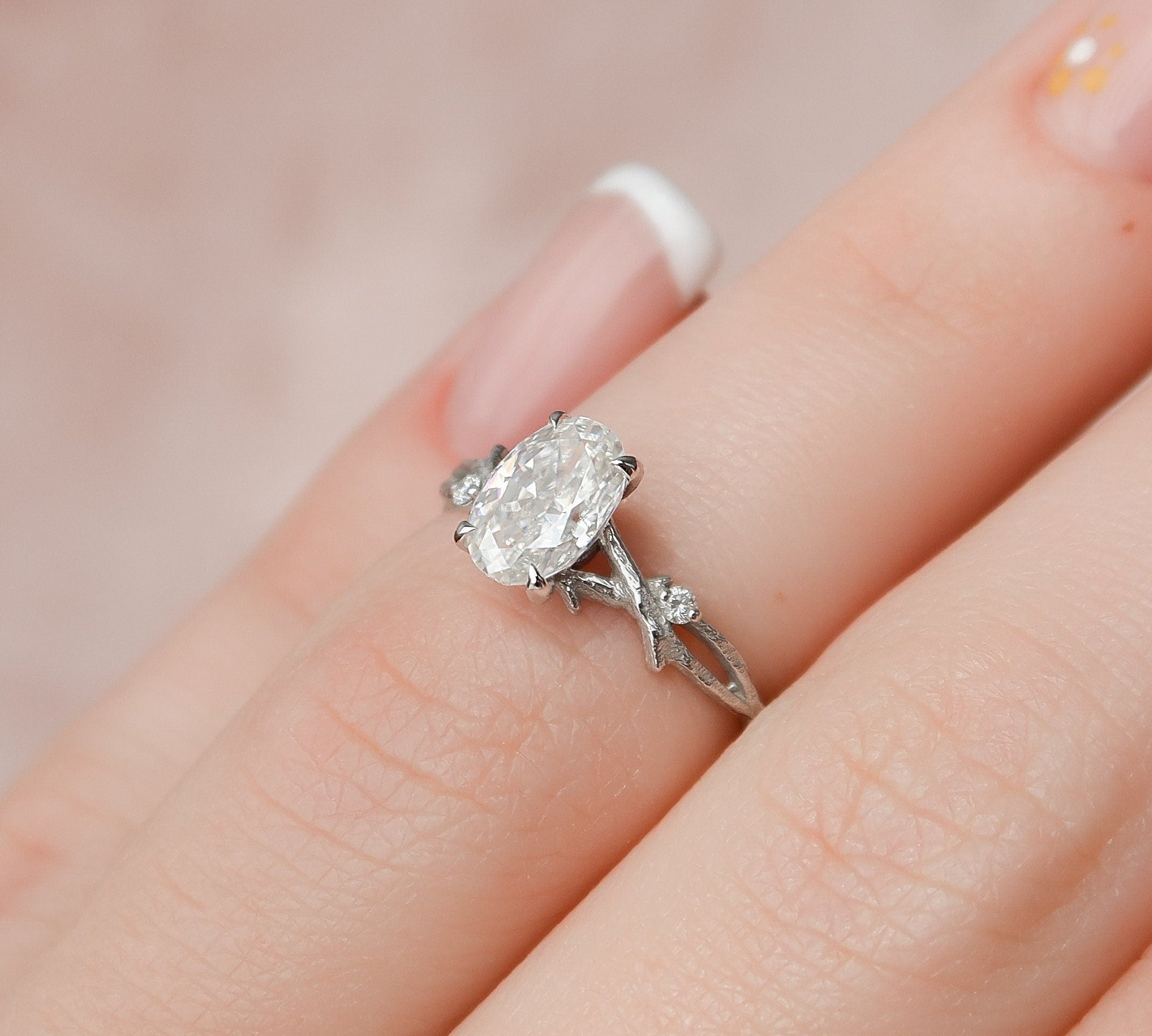 1.0 CT Oval Cut Solitaire & Twig Pave Moissanite Engagement Ring 2