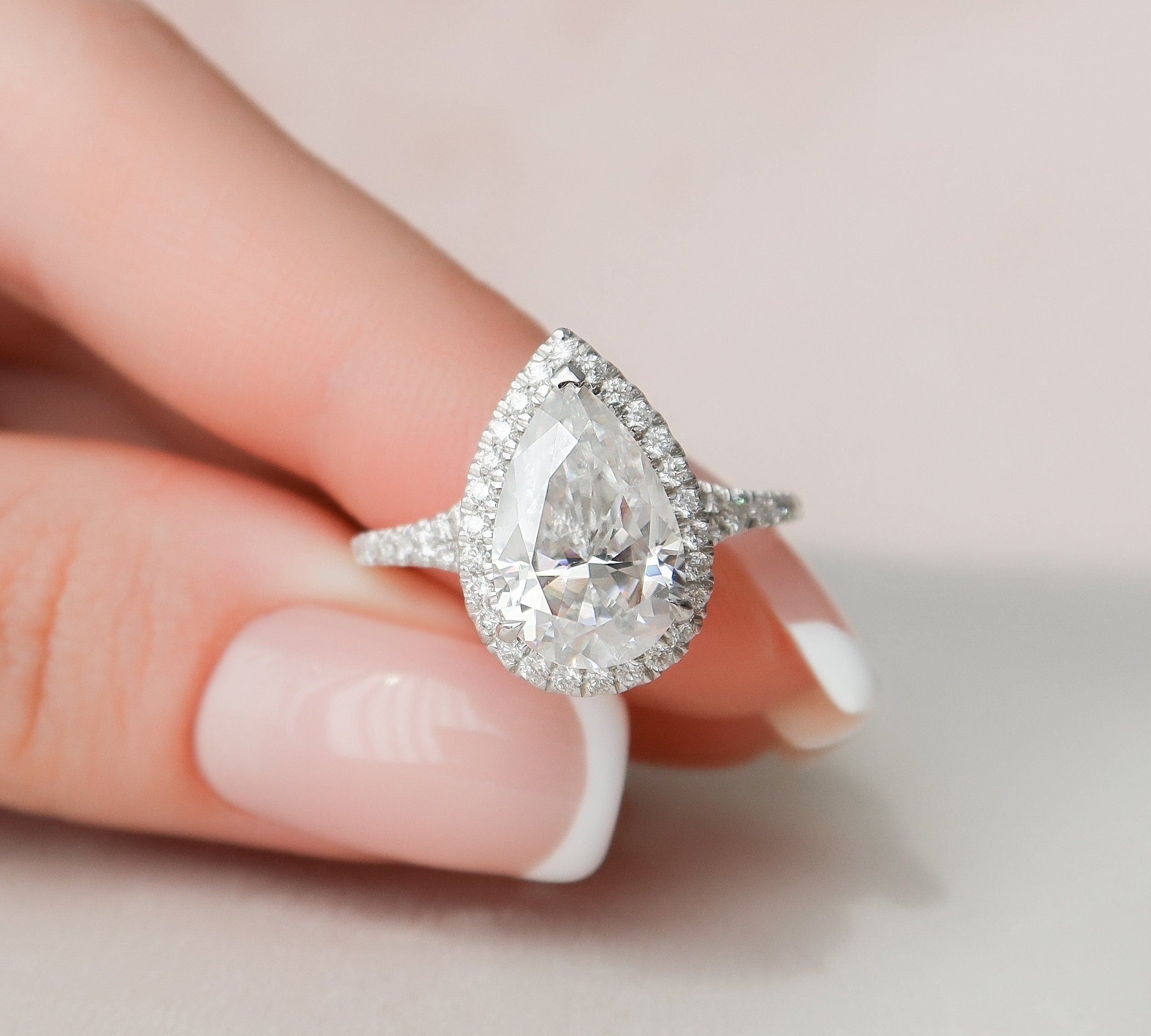 3.0 CT Pear Halo & Split Shank Moissanite Engagement Ring 2