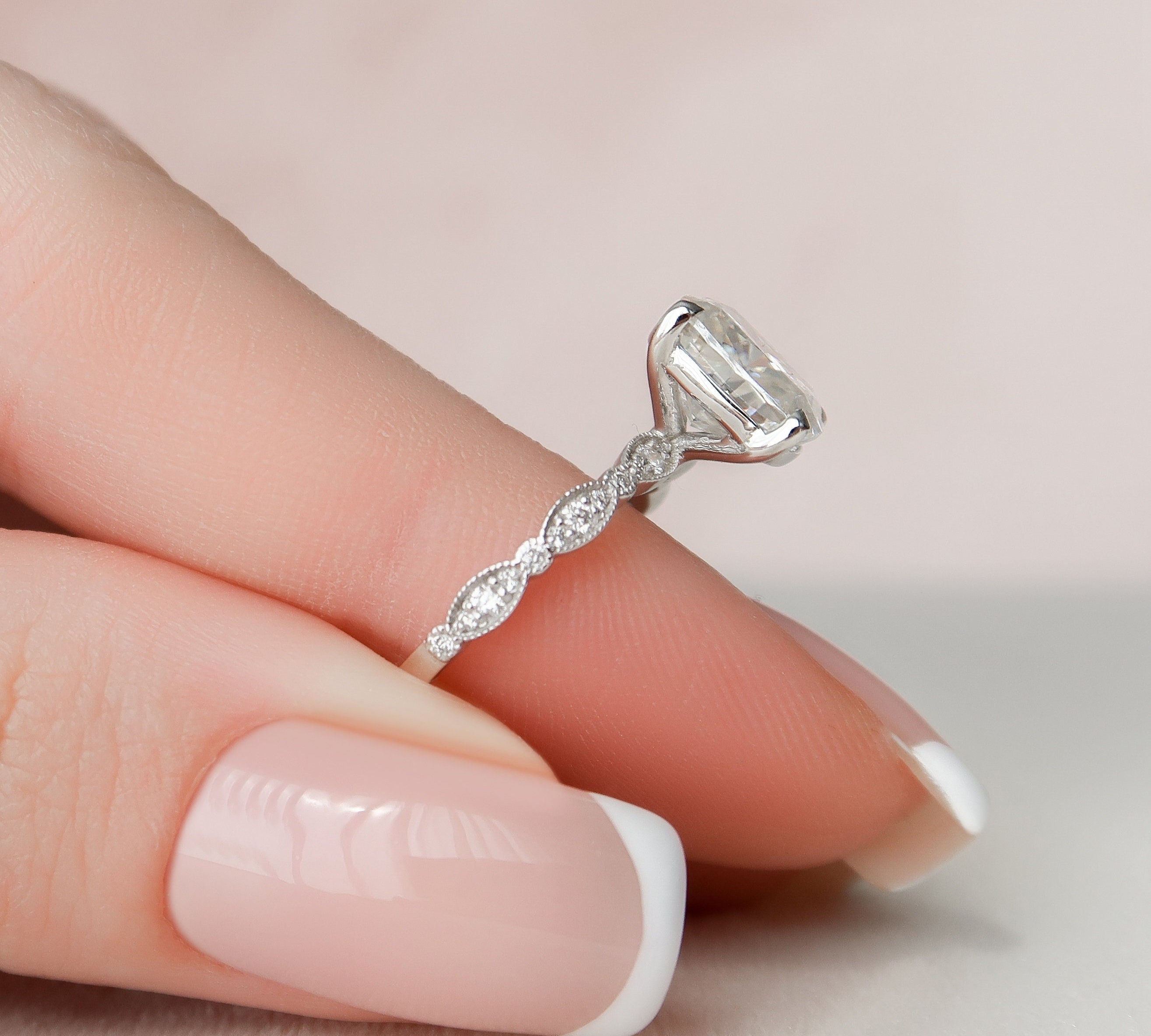 2.5 CT Cushion Milgrain Pave Vintage Style Moissanite Engagement Ring 3