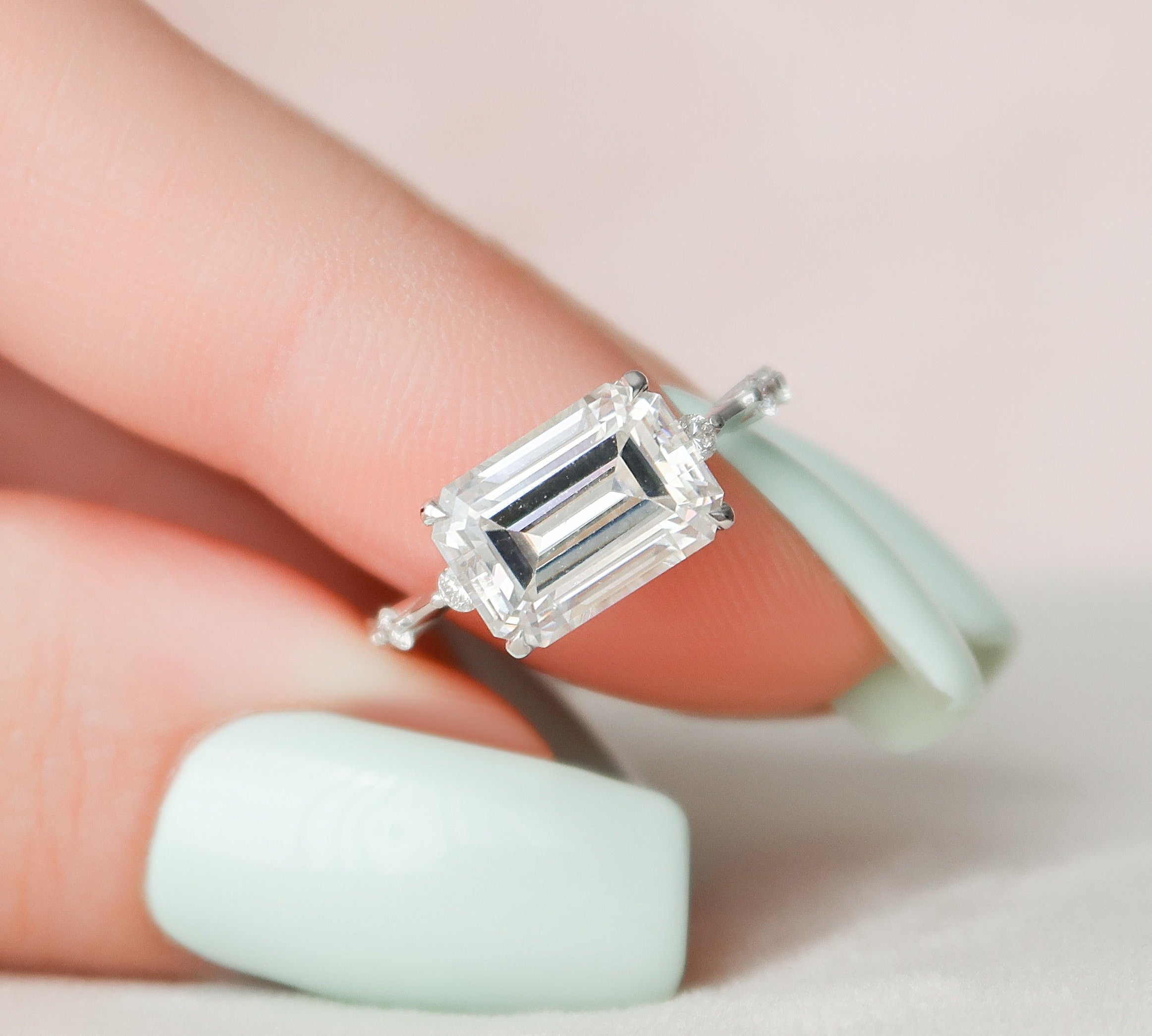 3.0 CT Emerald Cut Solitaire & Dainty Pave Moissanite Engagement Ring 1