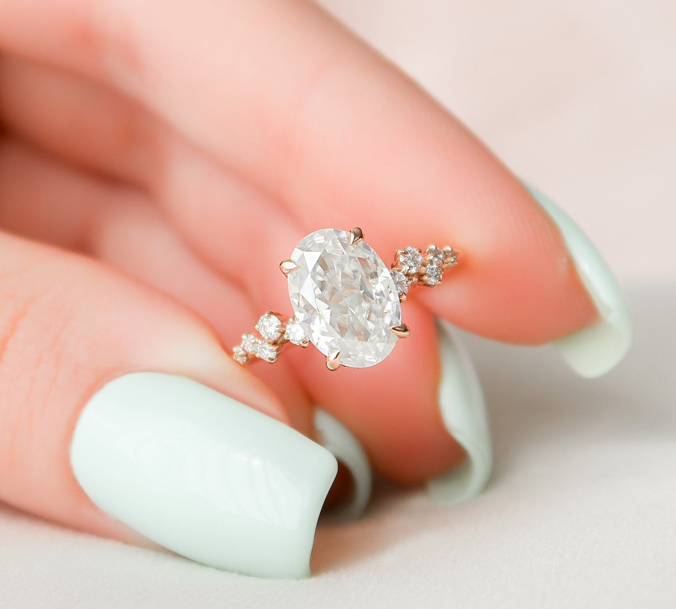 2.0 CT Oval Cut Cluster Style Pave Moissanite Engagement Ring 1