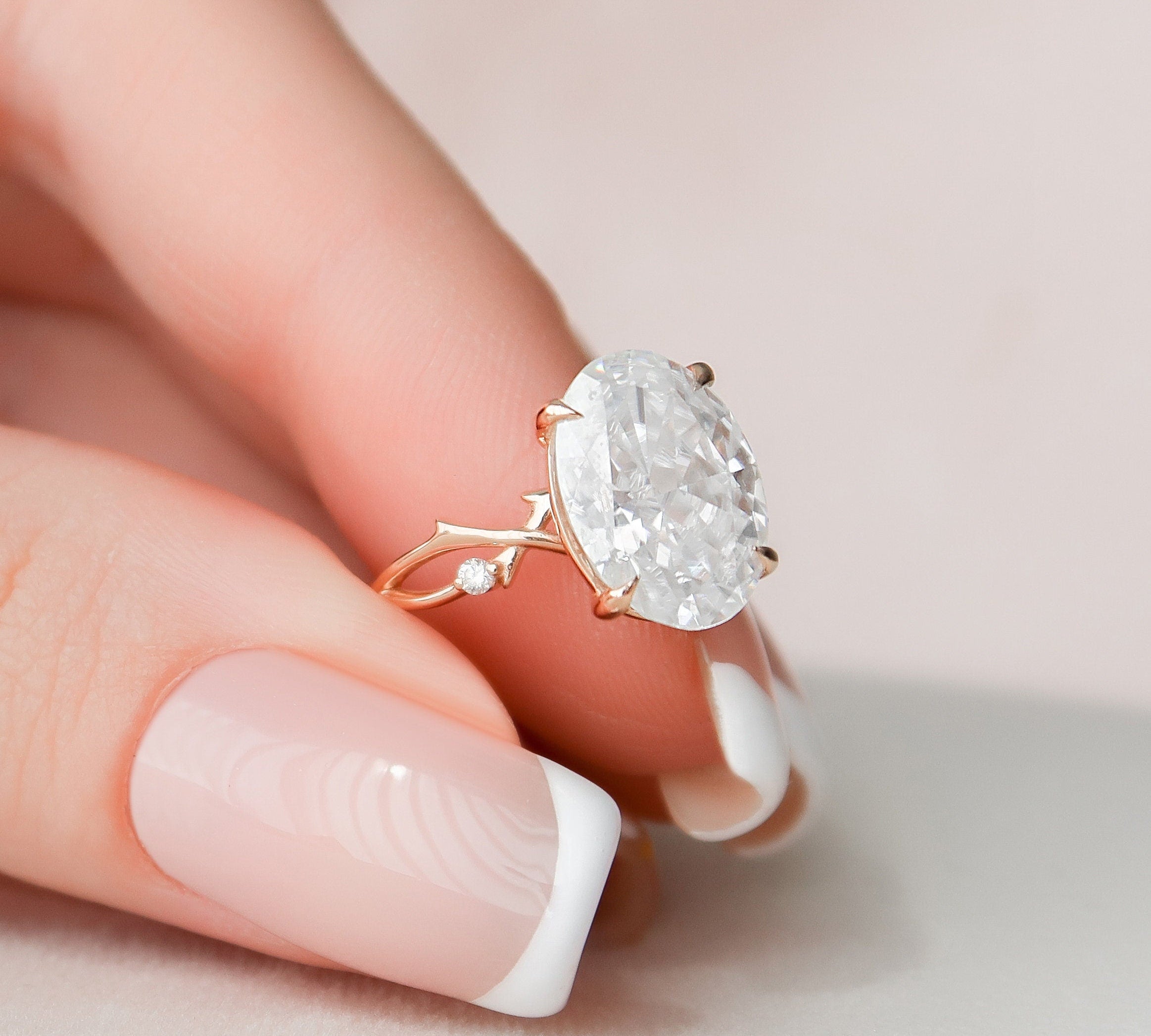 3.5 CT Oval Cut Solitaire & Twig Pave Moissanite Engagement Ring 3