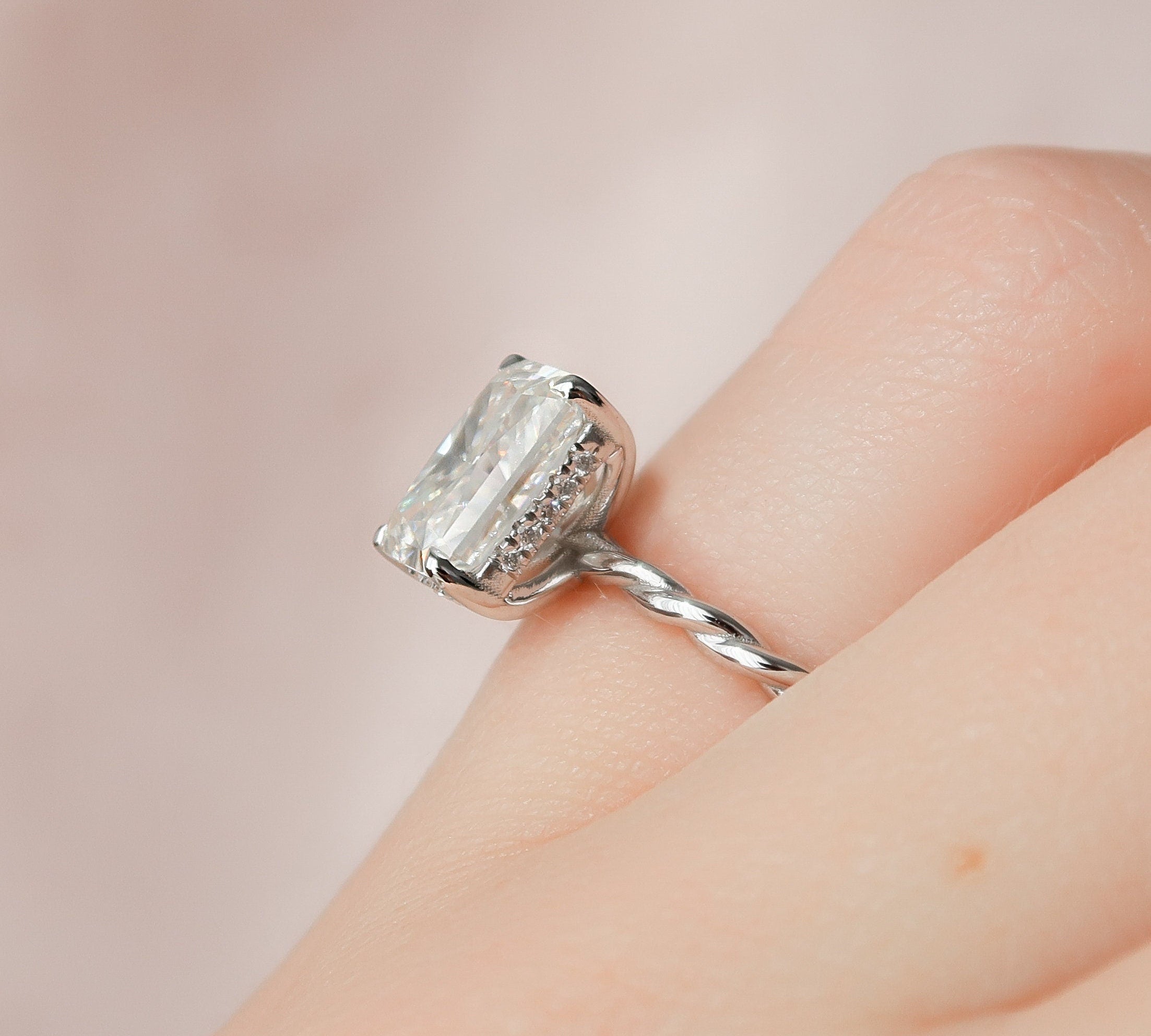 2.5 CT Radiant Hidden Halo Twisted Band Moissanite Engagement Ring 3