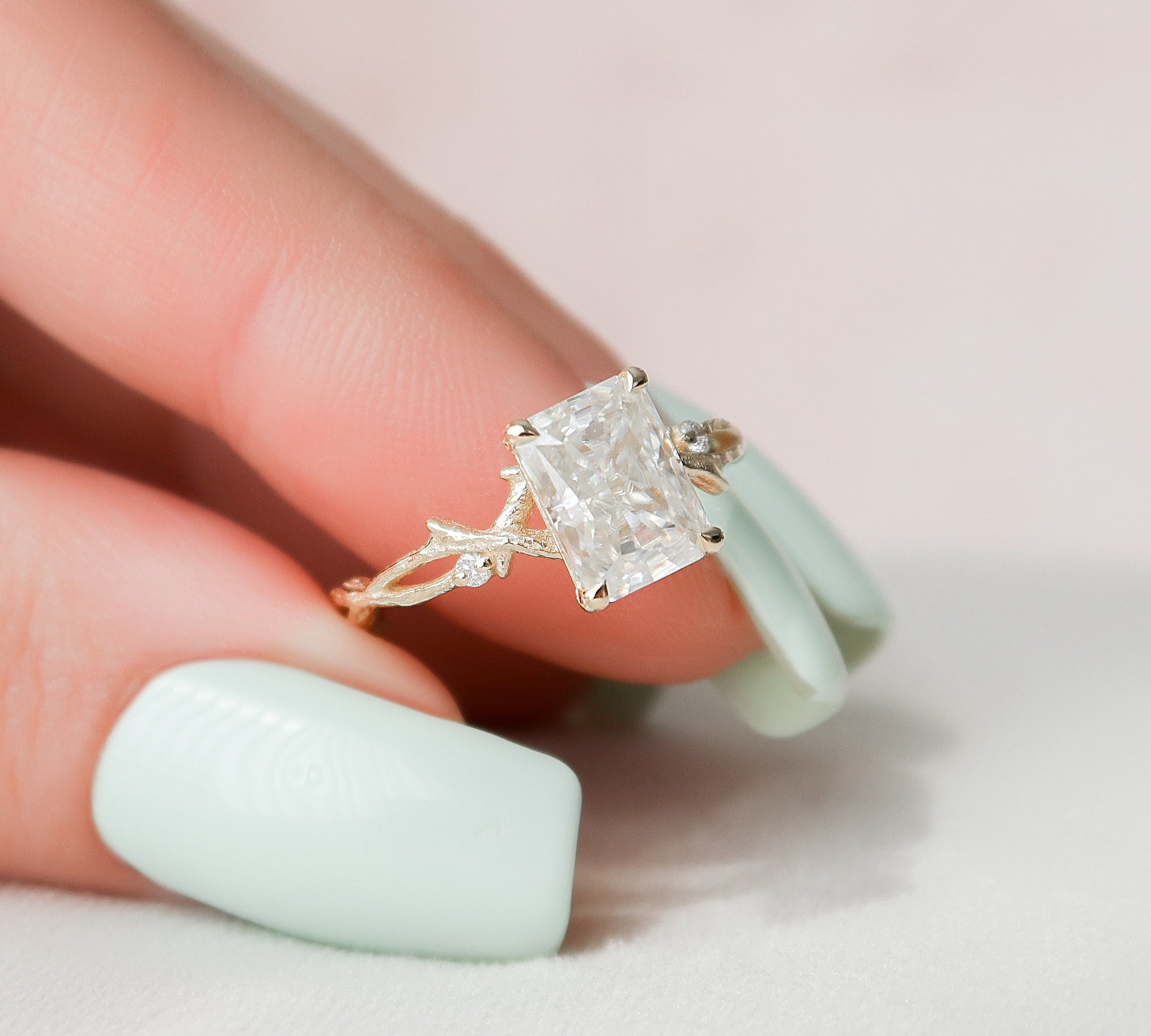 2.0 CT Radiant Solitaire & Twig Pave Moissanite Engagement Ring 3