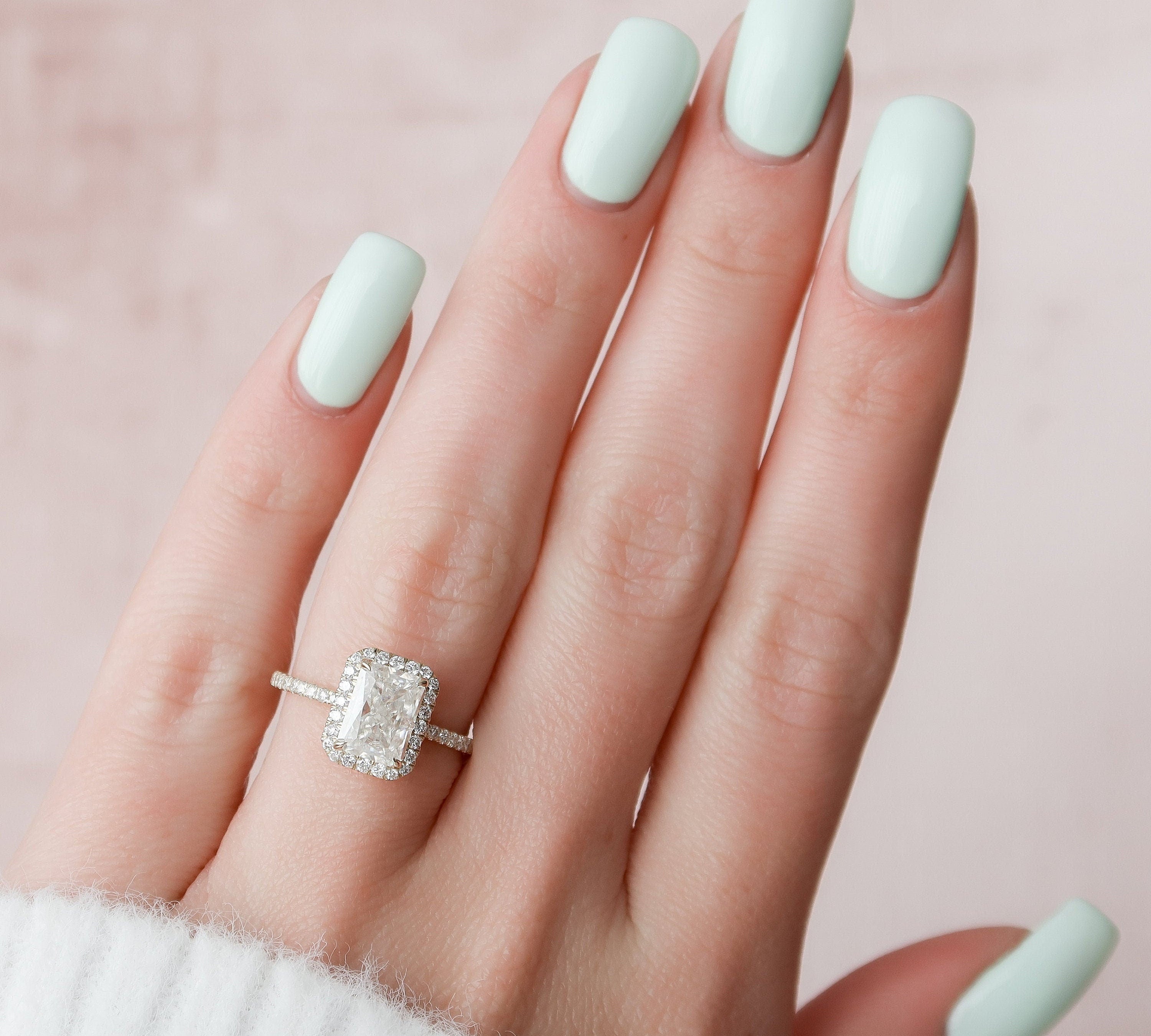 2.0 CT Radiant Cut Halo Style Moissanite Engagement Ring 3