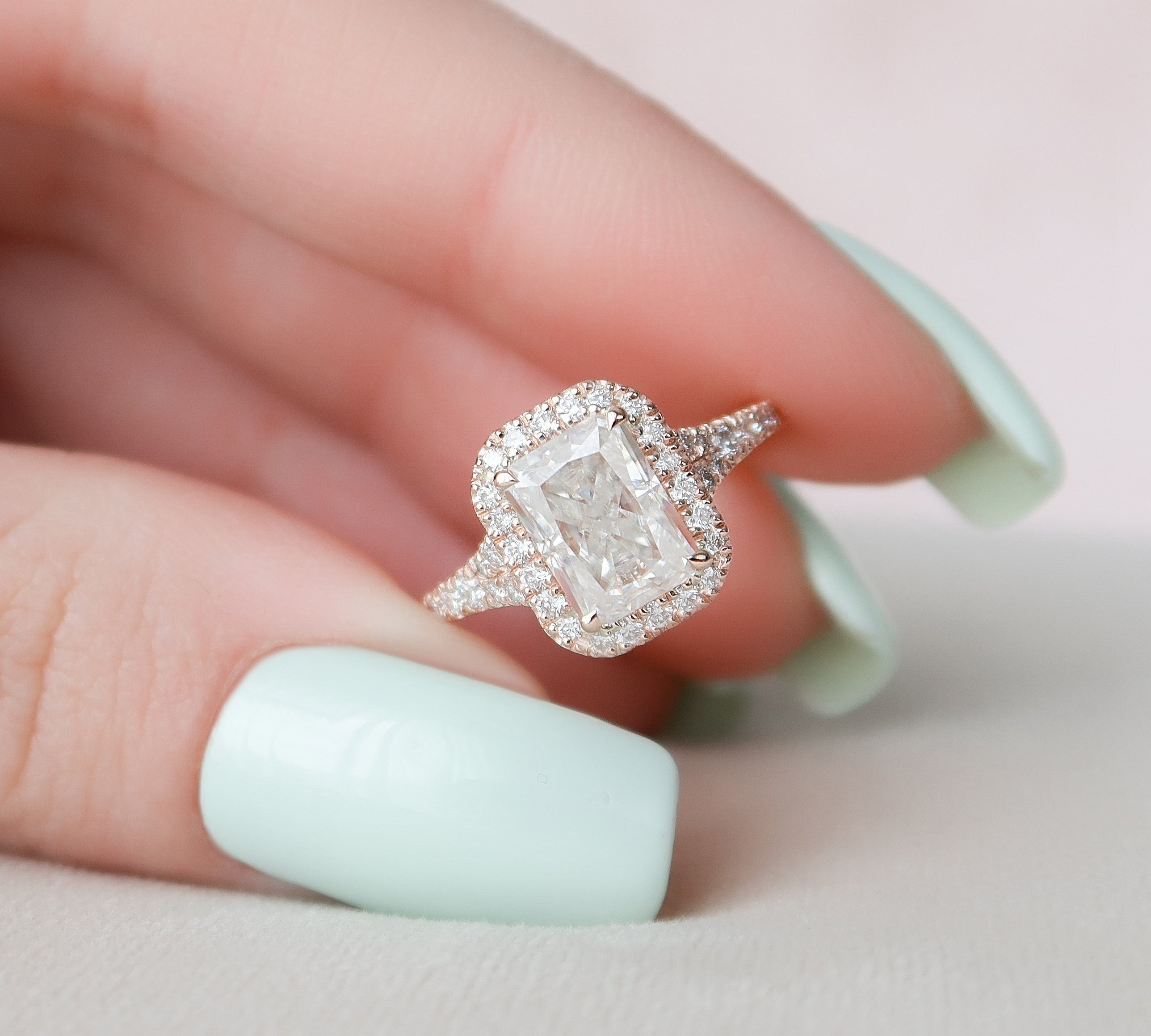 3.50 CT Radiant Halo & Split Shank Moissanite Engagement Ring 1