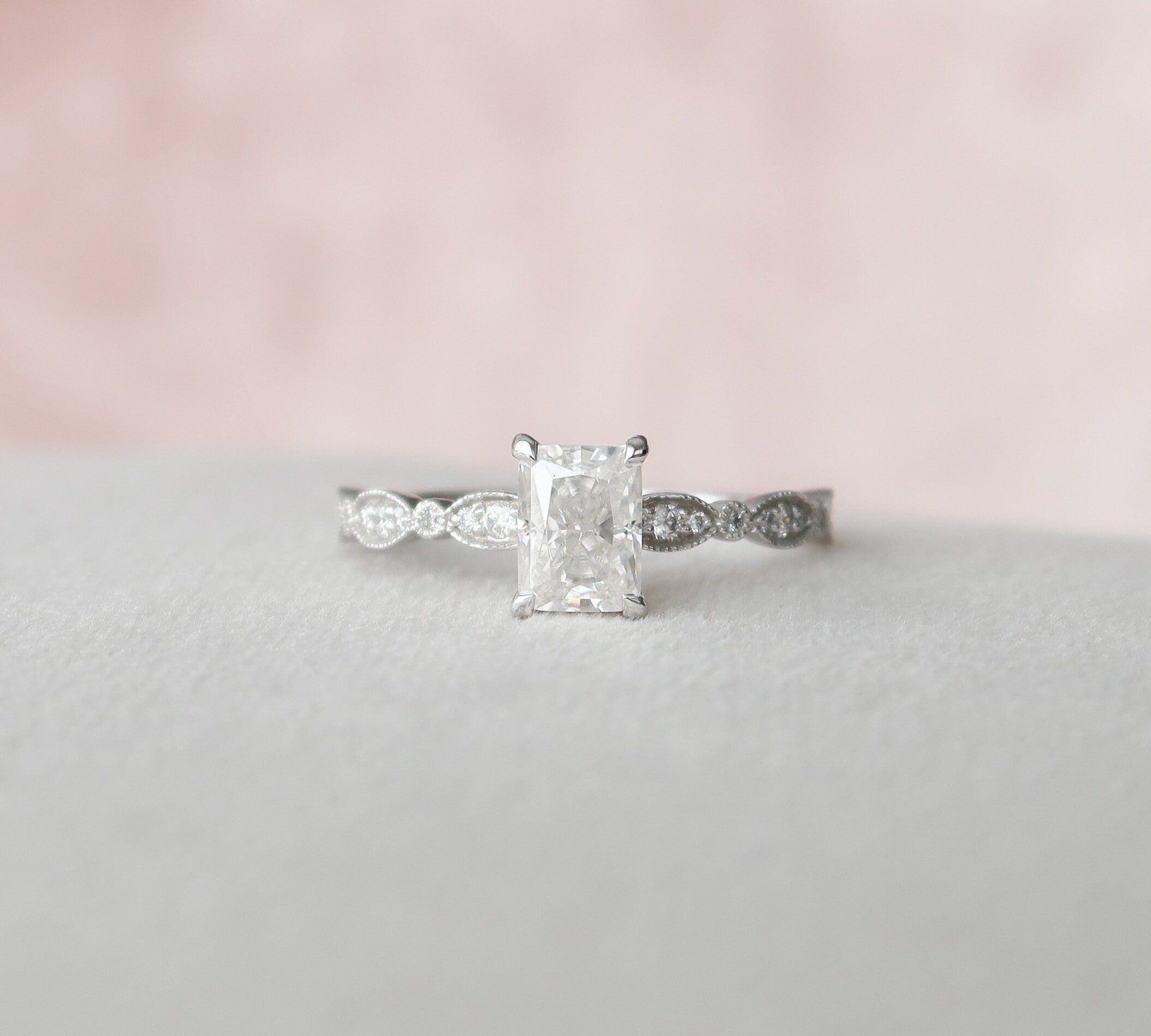 1.0 CT Radiant Milgrain Vintage Style Moissanite Engagement Ring 2