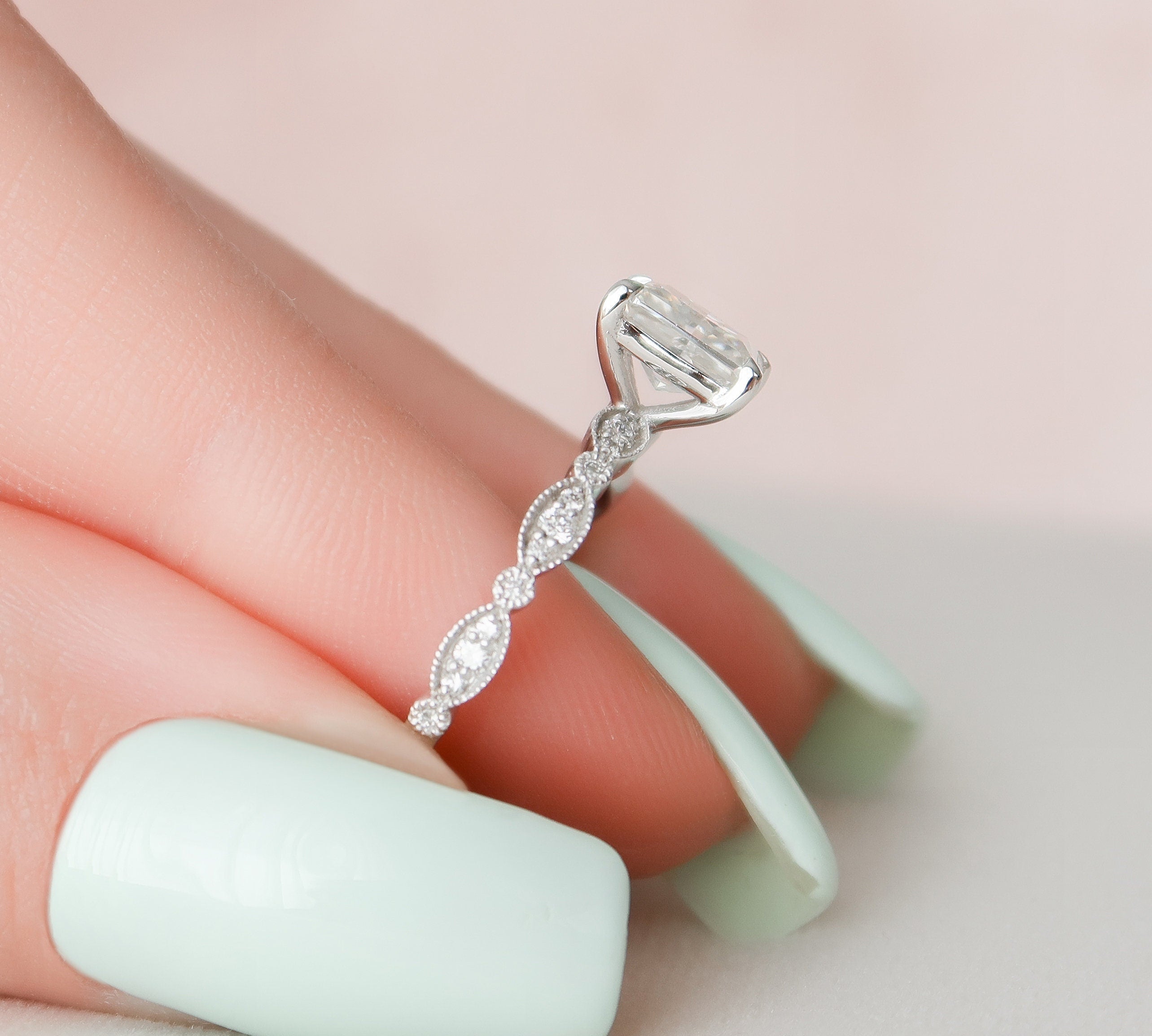 1.0 CT Radiant Milgrain Vintage Style Moissanite Engagement Ring 3