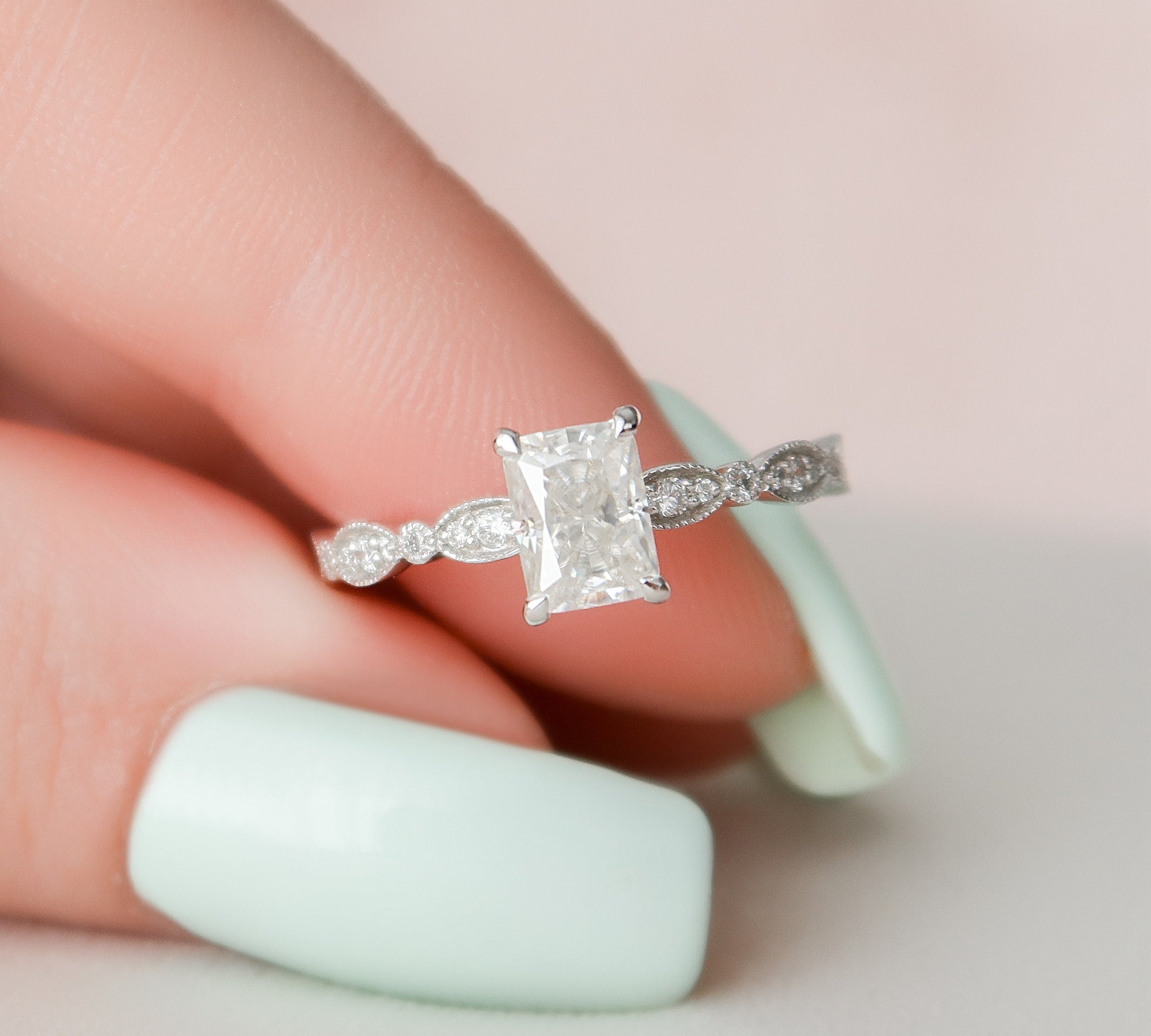 1.0 CT Radiant Milgrain Vintage Style Moissanite Engagement Ring 1