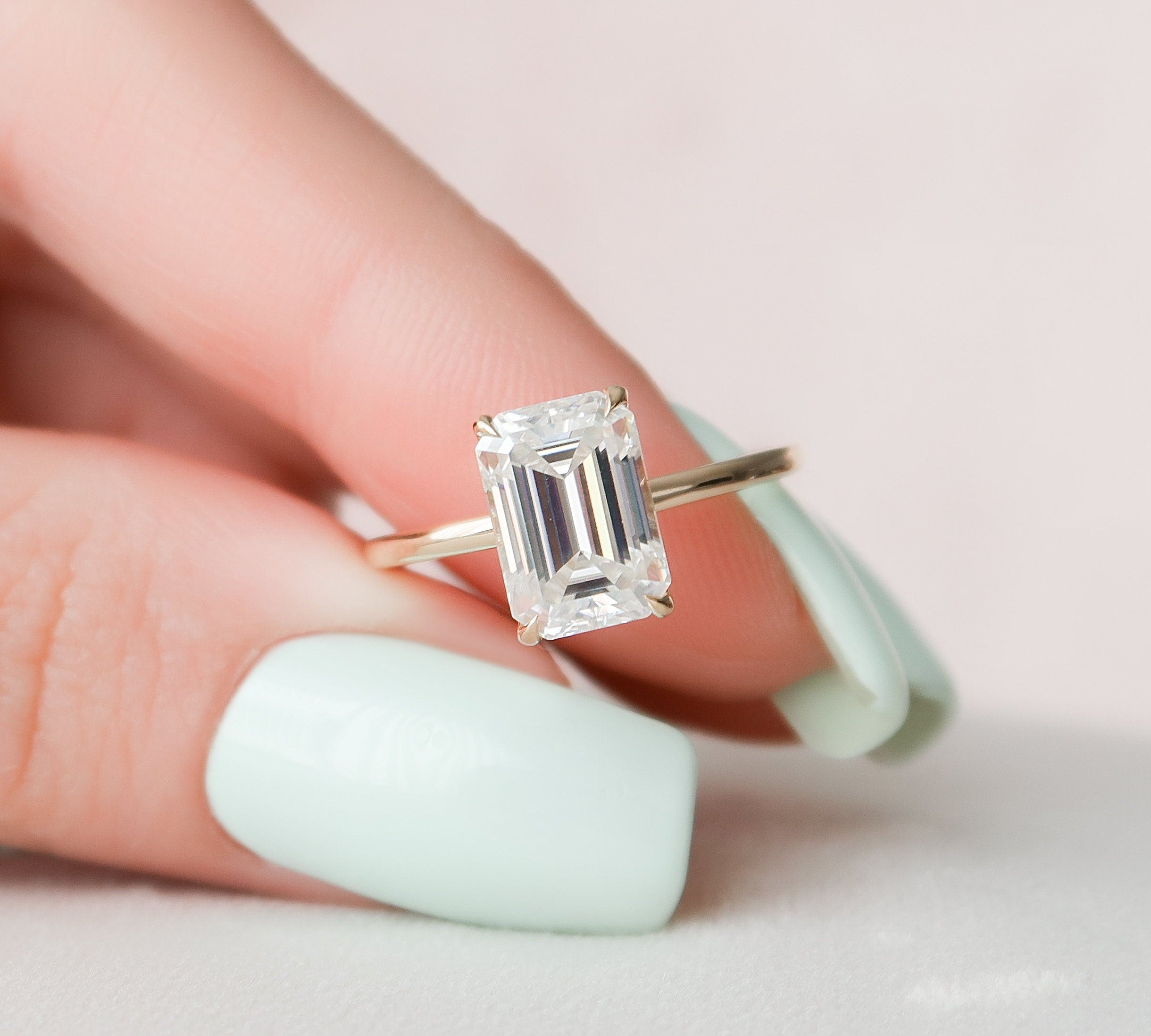 3.0 CT Emerald Cut Solitaire & Hidden Halo Moissanite Engagement Ring 2