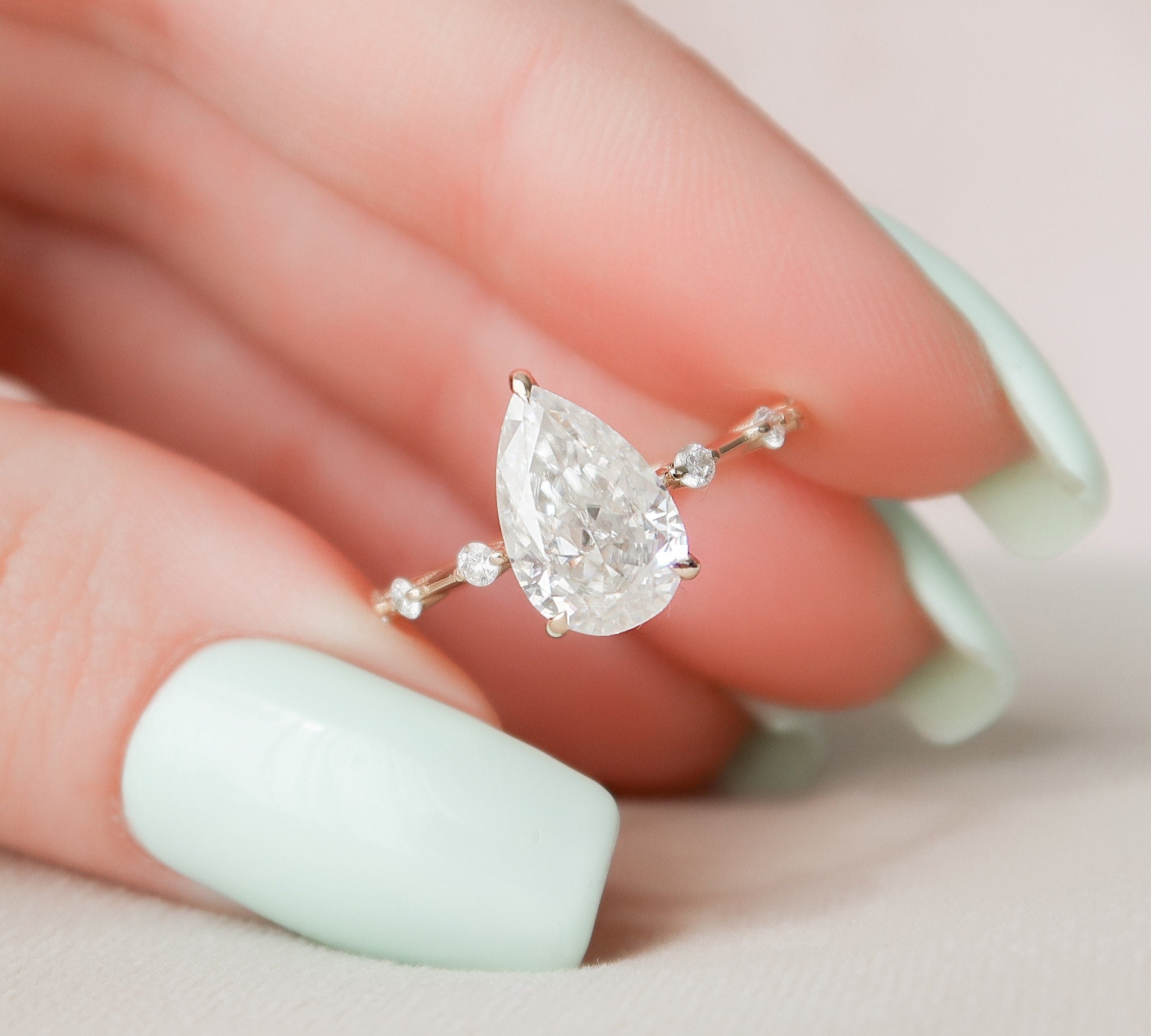 2.0 CT Pear Dainty Pave & Hidden Halo Moissanite Engagement Ring 1