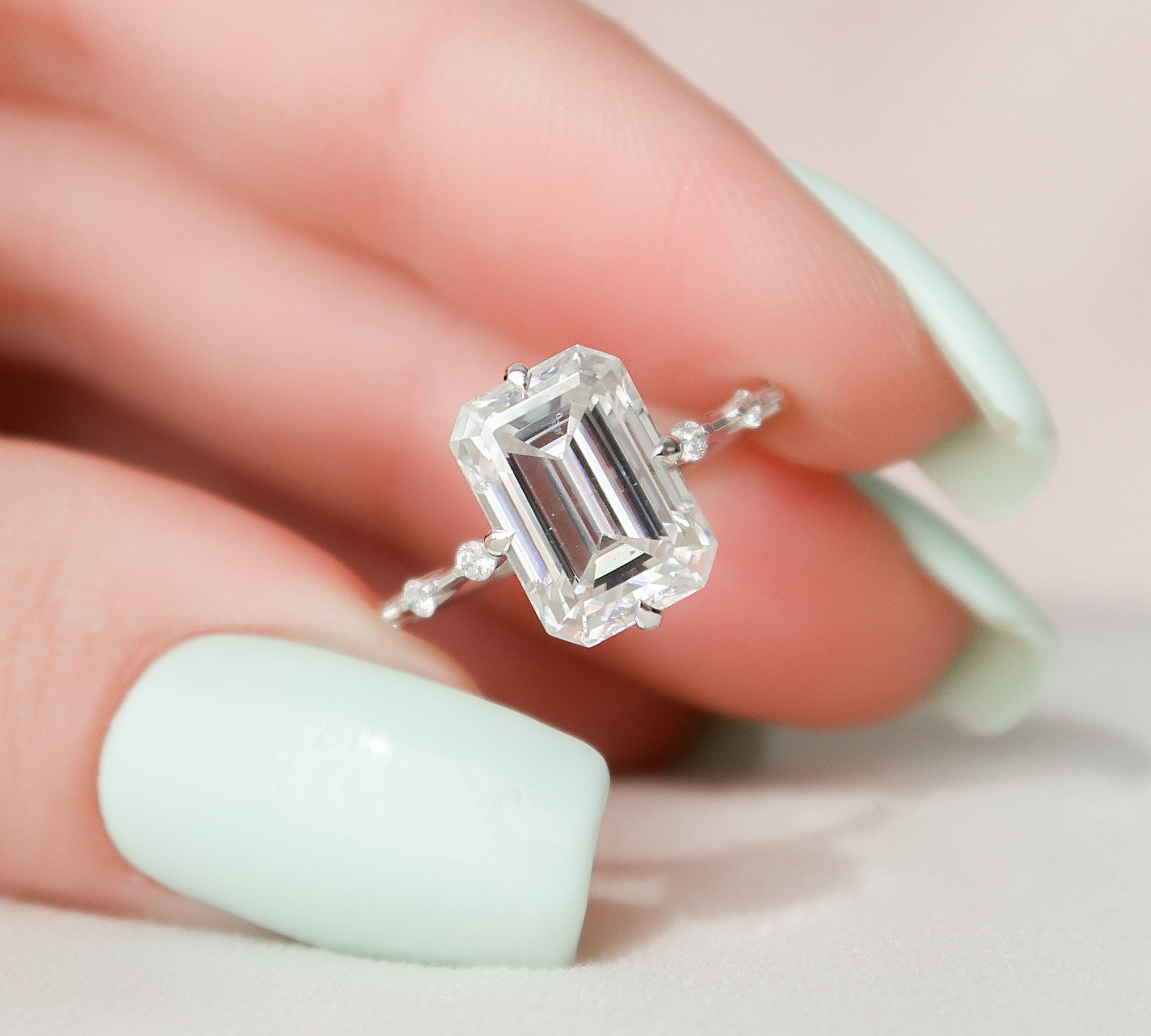 3.0 CT Emerald Solitaire & Dainty Pave Moissanite Engagement Ring 1