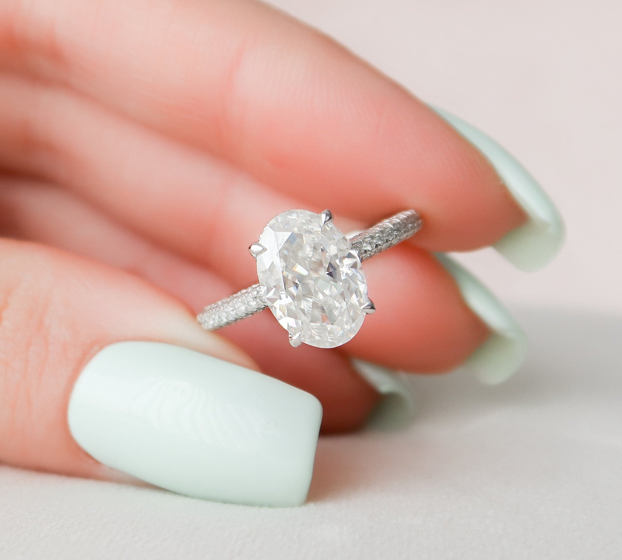 3.0 CT Oval Solitaire & Pave Setting Moissanite Engagement Ring 1