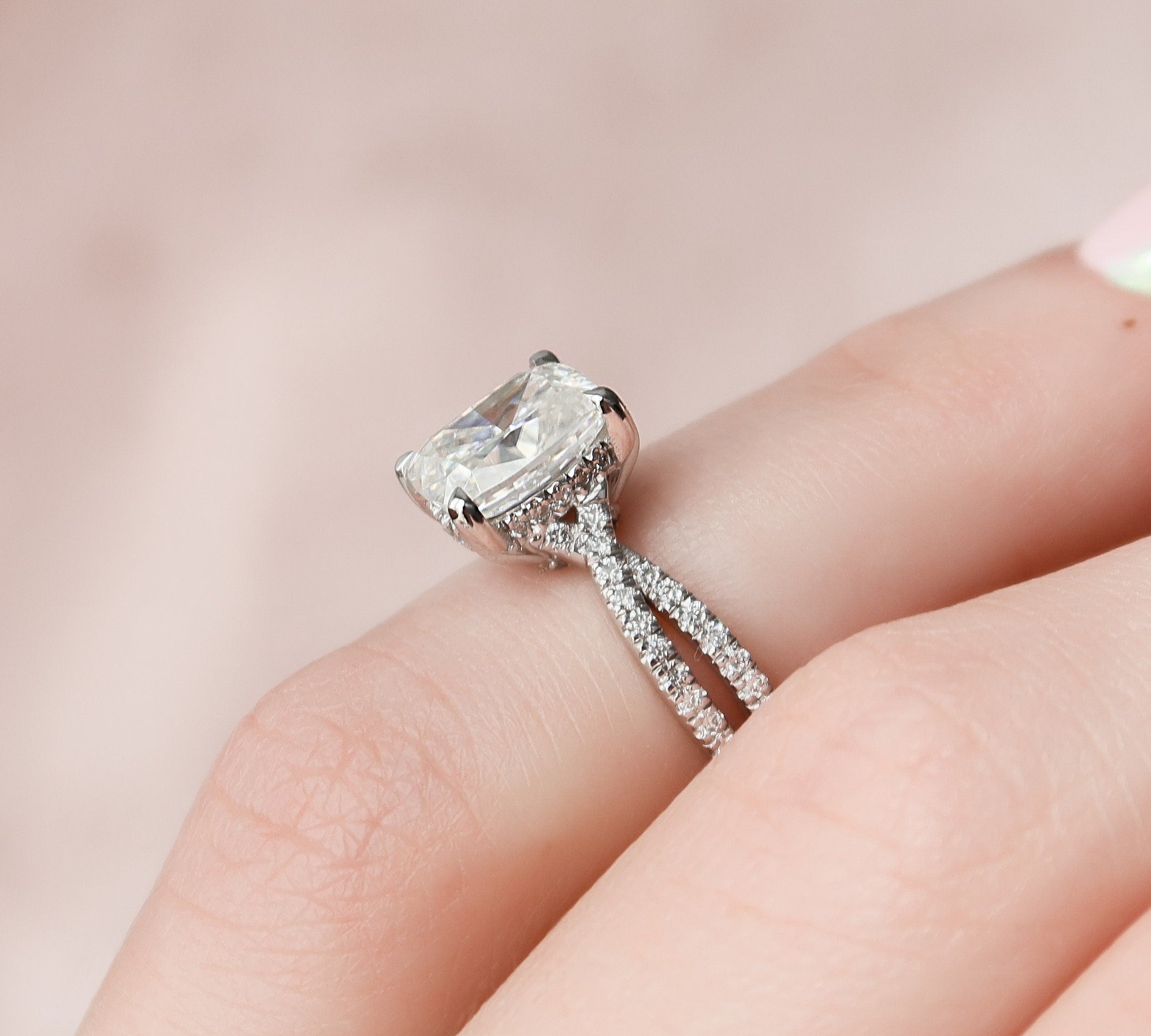 2.0 CT Cushion Hidden Halo Criss Cross Moissanite Engagement Ring 3