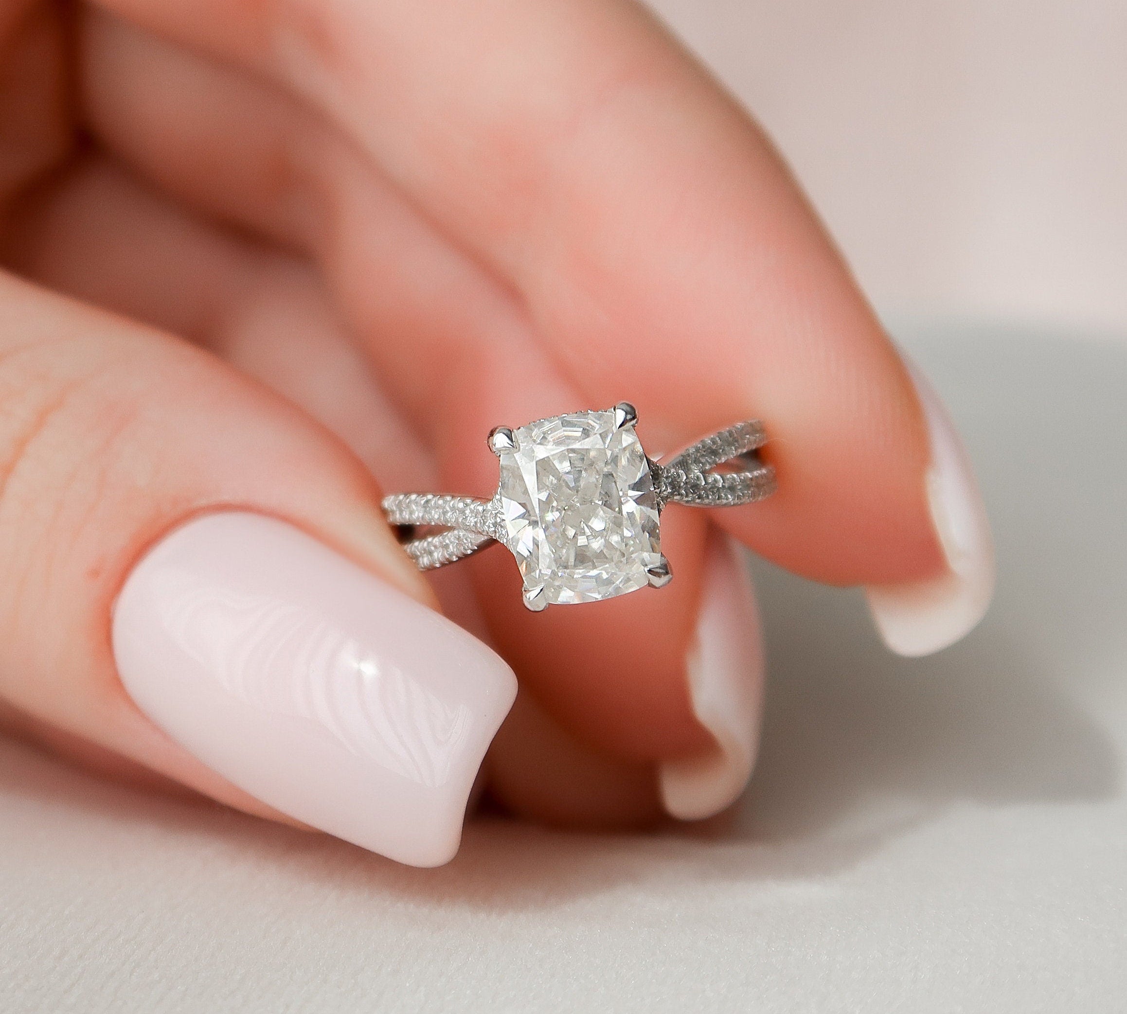 2.0 CT Cushion Hidden Halo Criss Cross Moissanite Engagement Ring 1