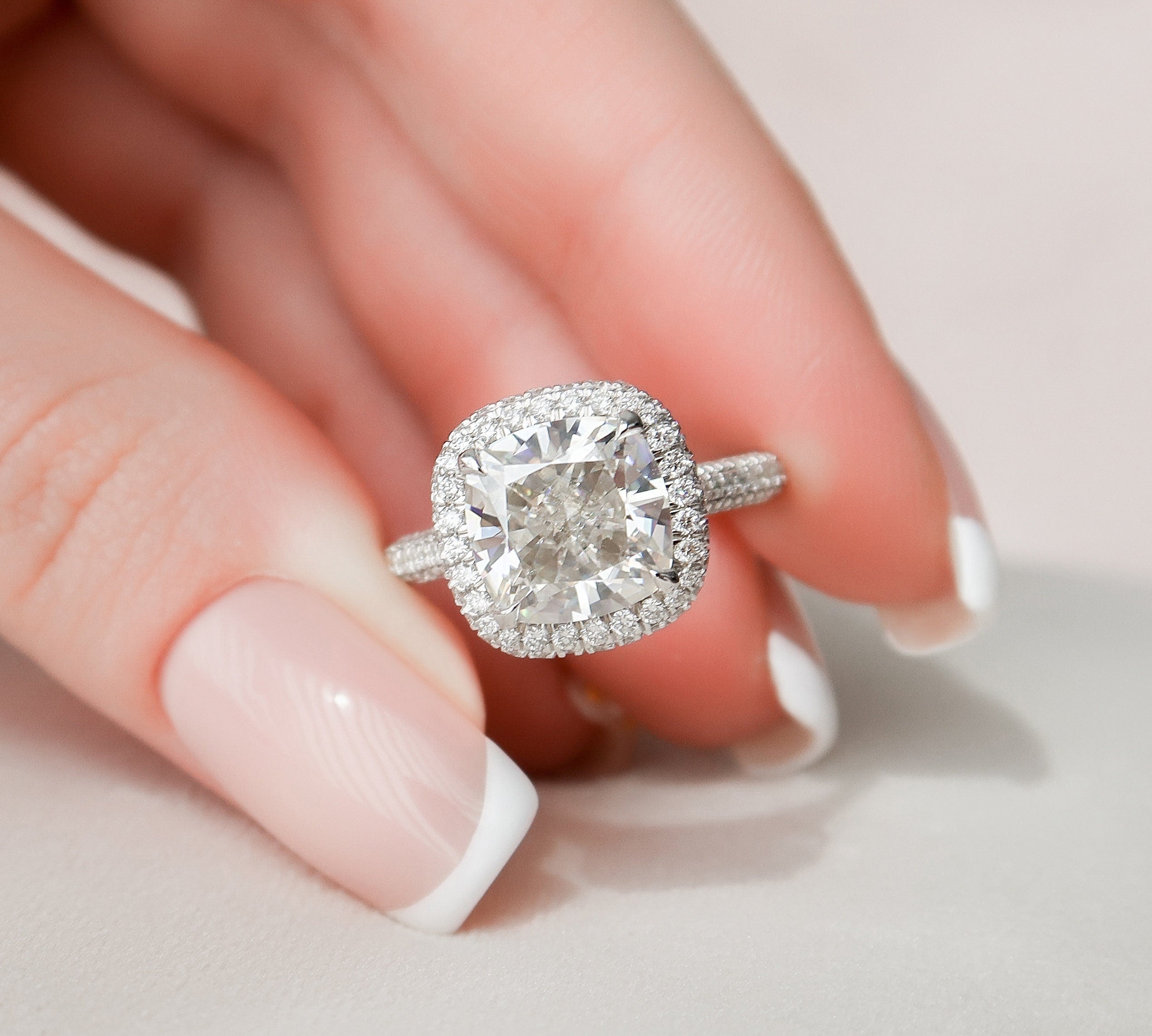 4.0 CT Cushion Halo Pave Moissanite Engagement Ring 1