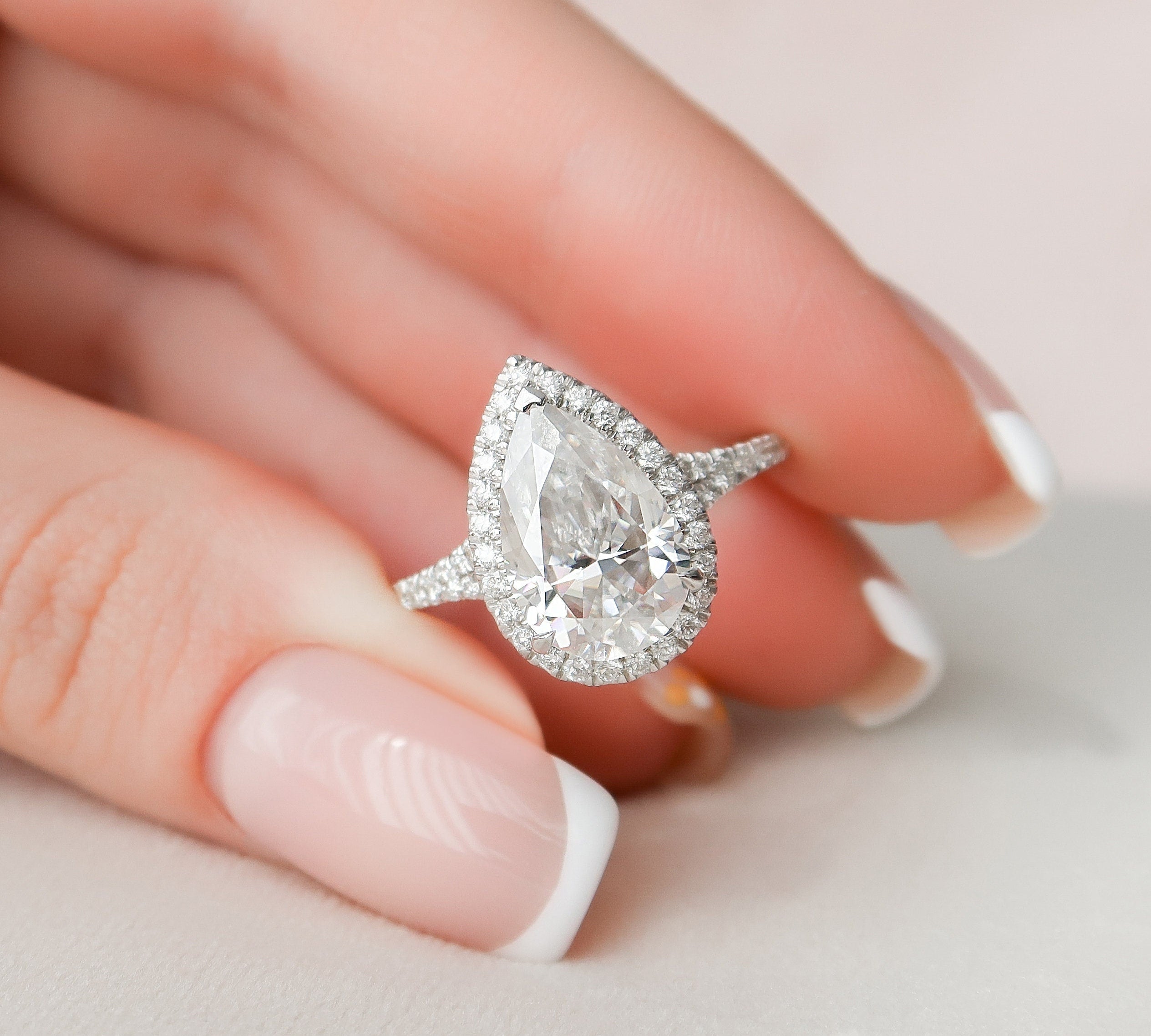 3.0 CT Pear Halo & Split Shank Moissanite Engagement Ring 1