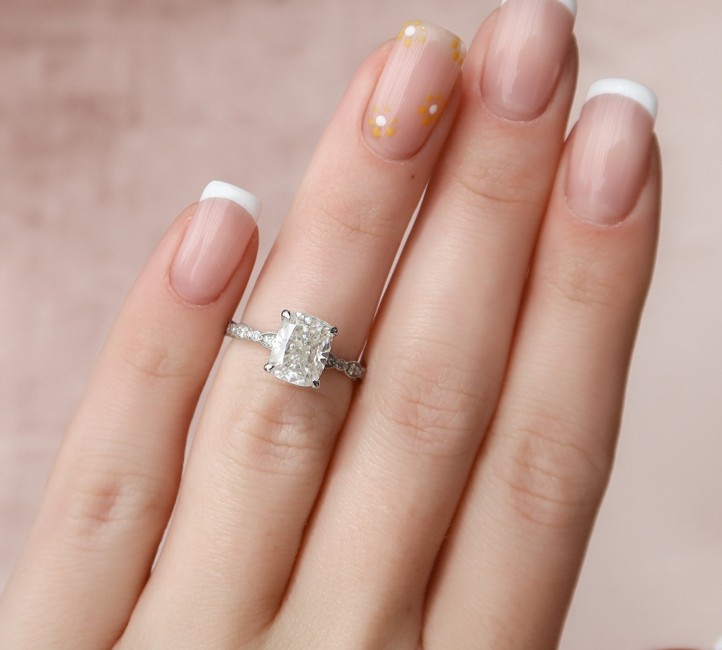 2.5 CT Cushion Milgrain Pave Vintage Style Moissanite Engagement Ring 2