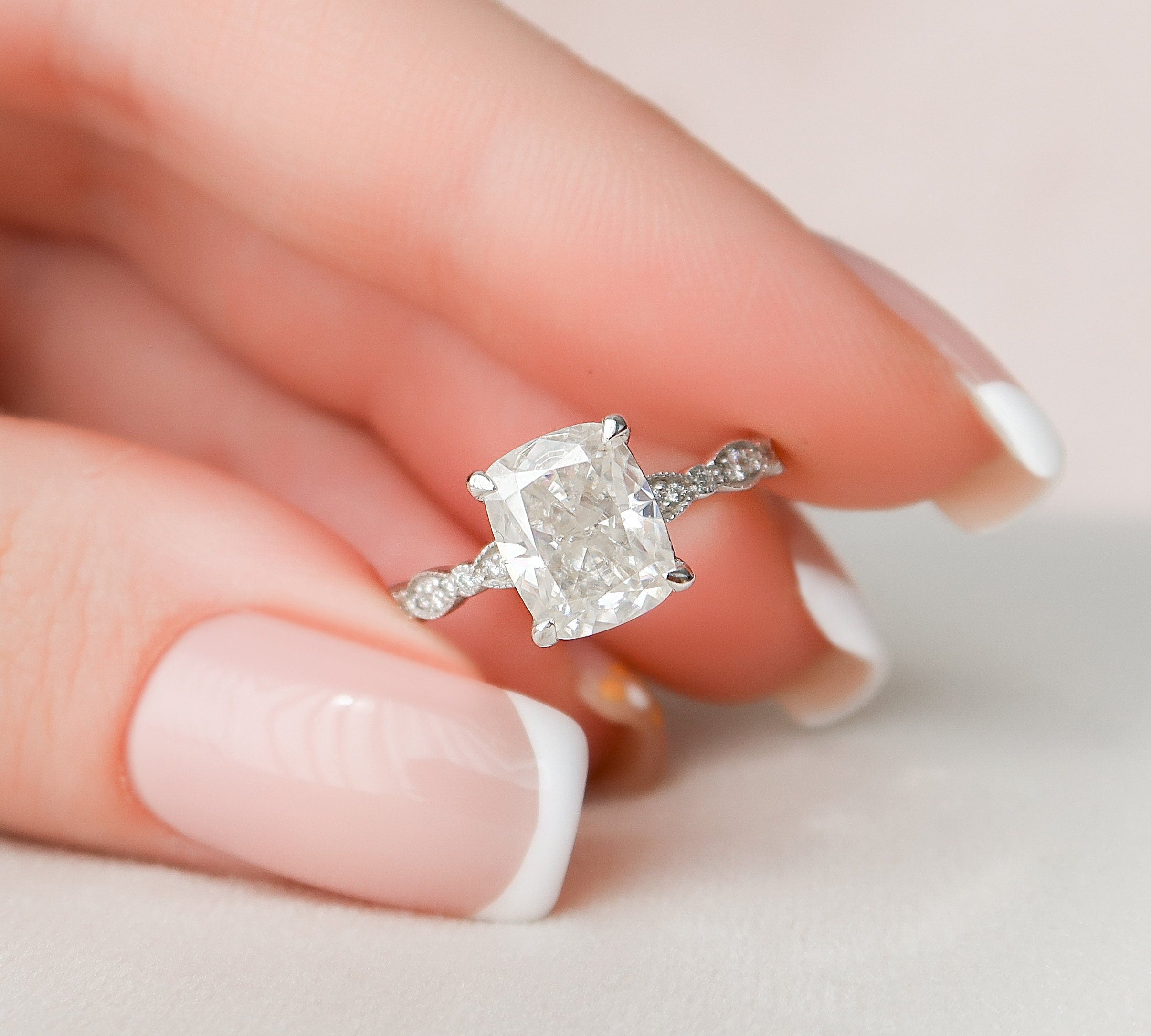 2.5 CT Cushion Milgrain Pave Vintage Style Moissanite Engagement Ring 1