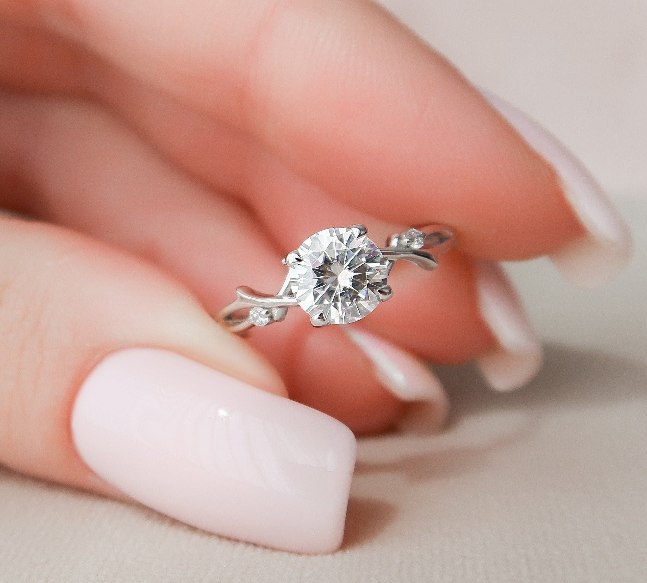 1.0 CT Round Cut Twig Style Pave Moissanite Engagement Ring 1
